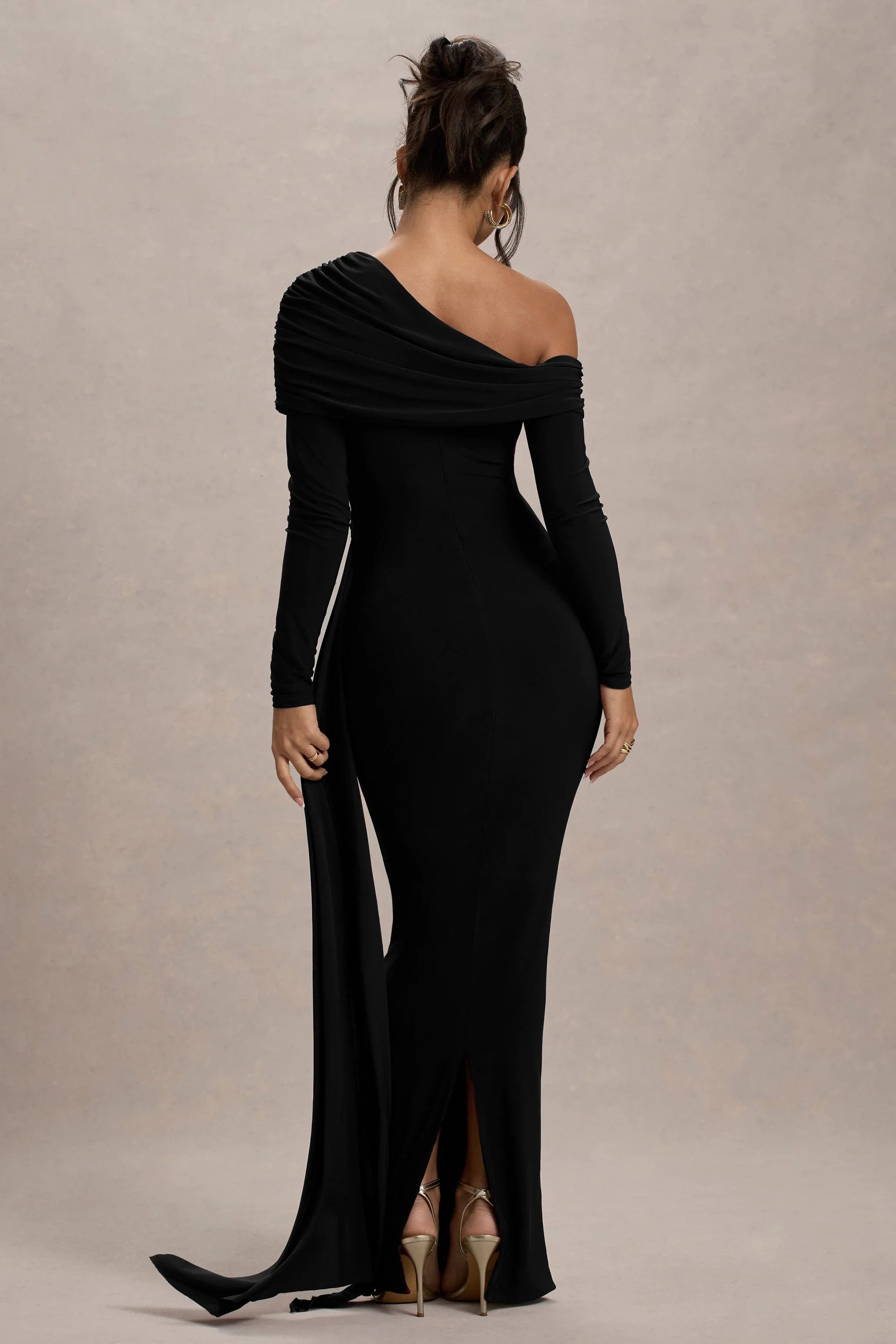 Valina Black Ruched Asymmetric Maxi Dress With Drape