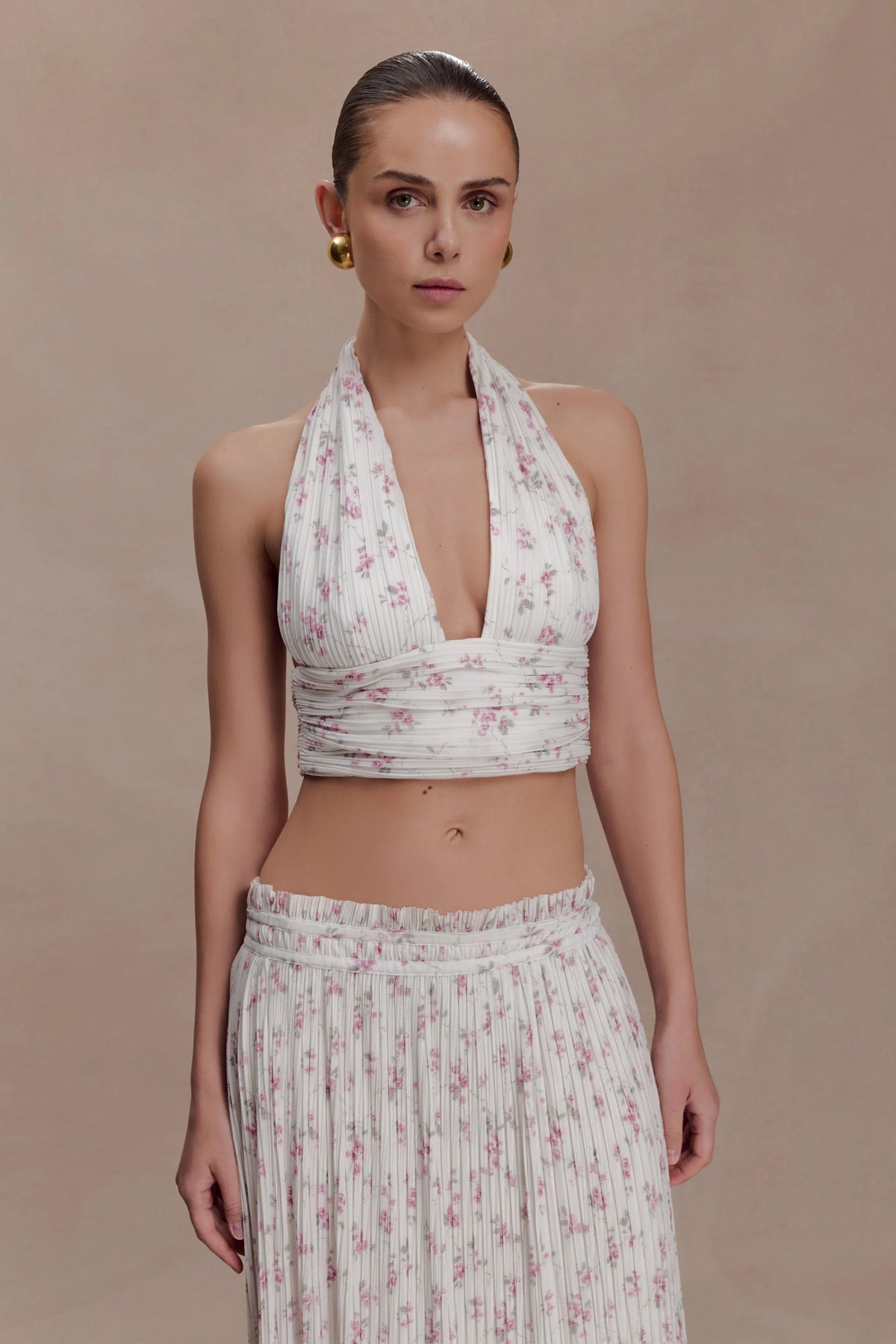 Amaris Sleeveless Plisse Halter Top Floral Ditsy Print