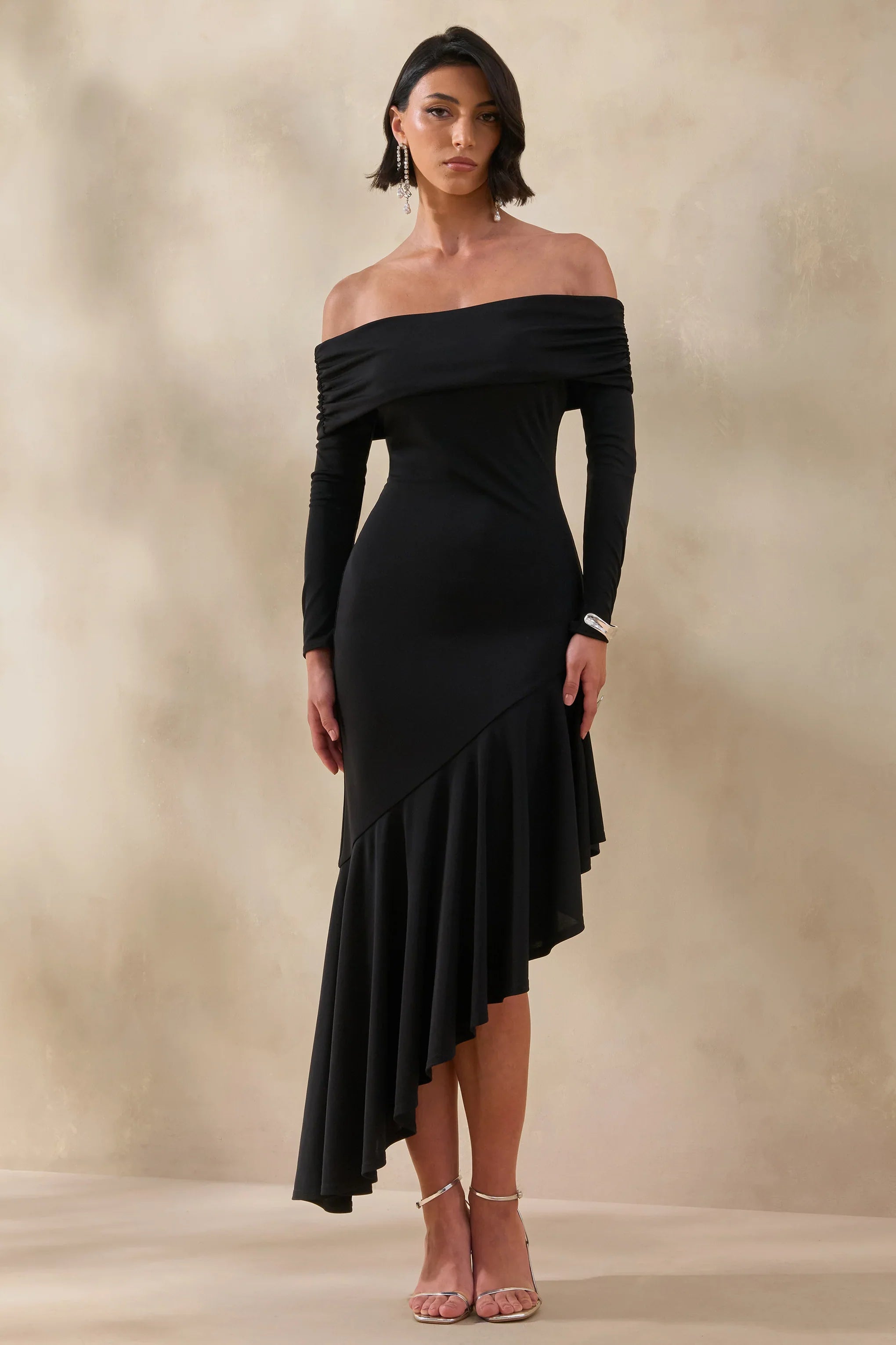 Goldara Black Bardot Neck Maxi Dress With Ruffled Asymmetric Hem
