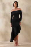 Goldara Black Bardot Neck Maxi Dress With Ruffled Asymmetric Hem