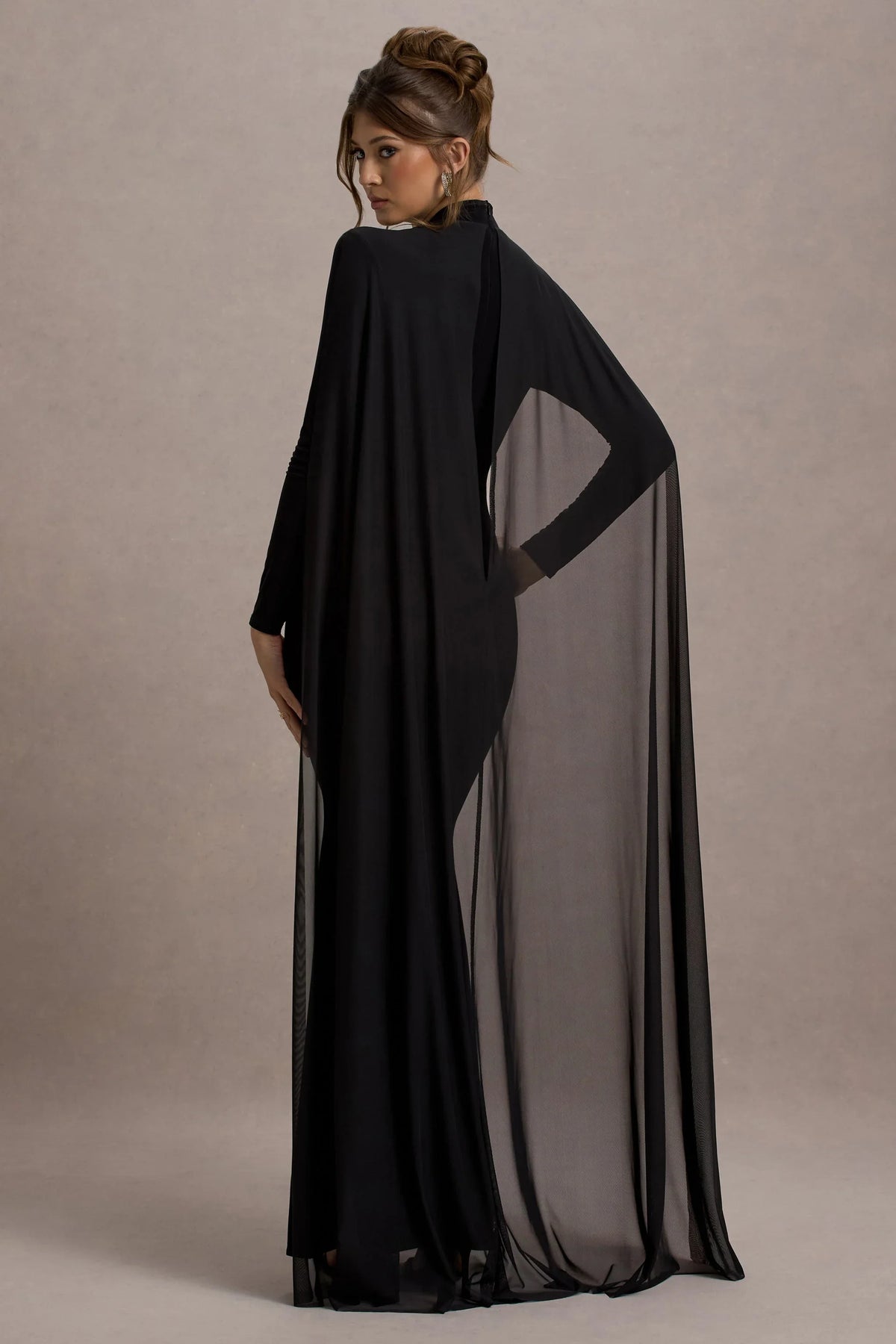 La Nuit Black High Neck Long Sleeve Maxi Dress With Cape