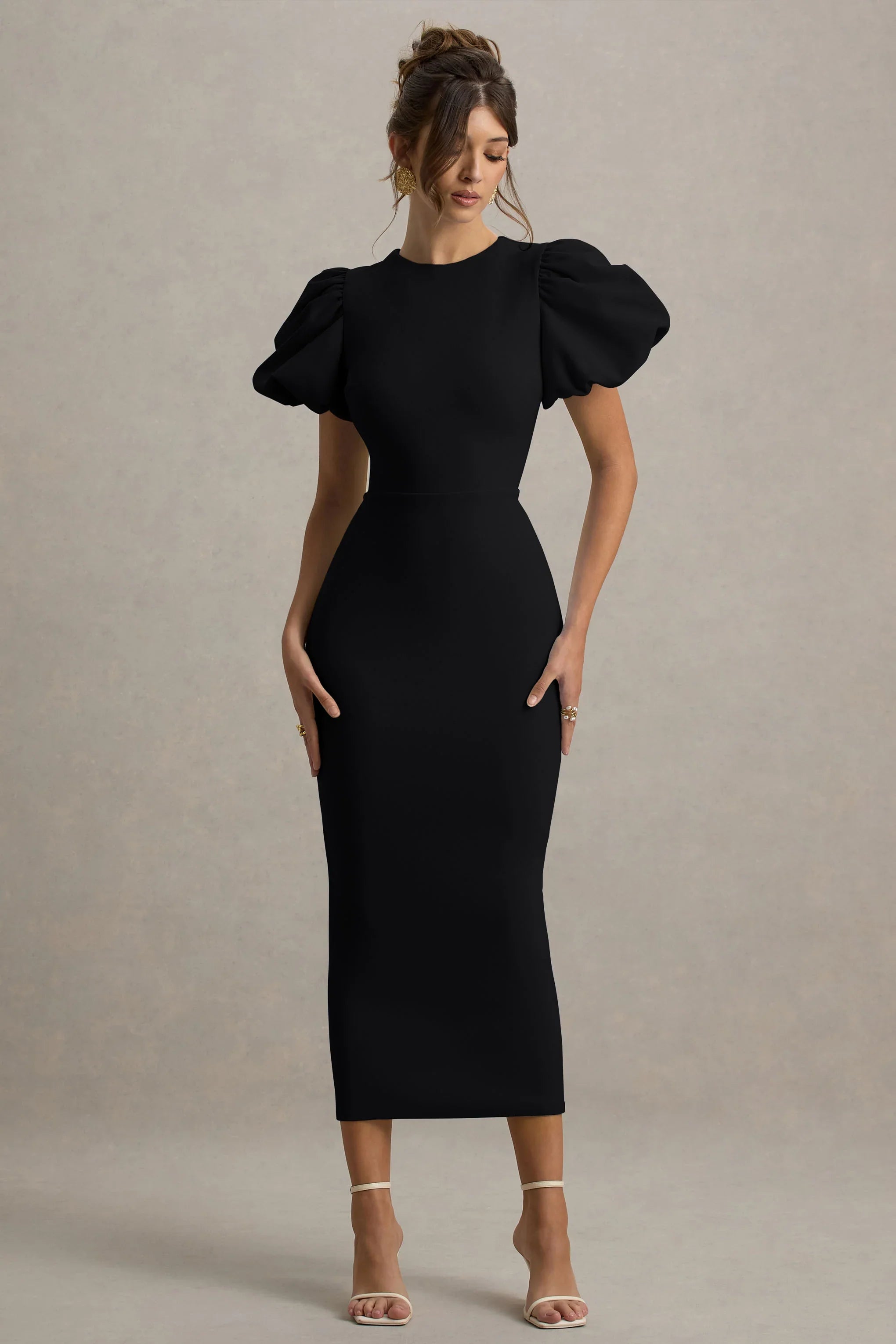 Dakota Black Puff Sleeve Midi Dress