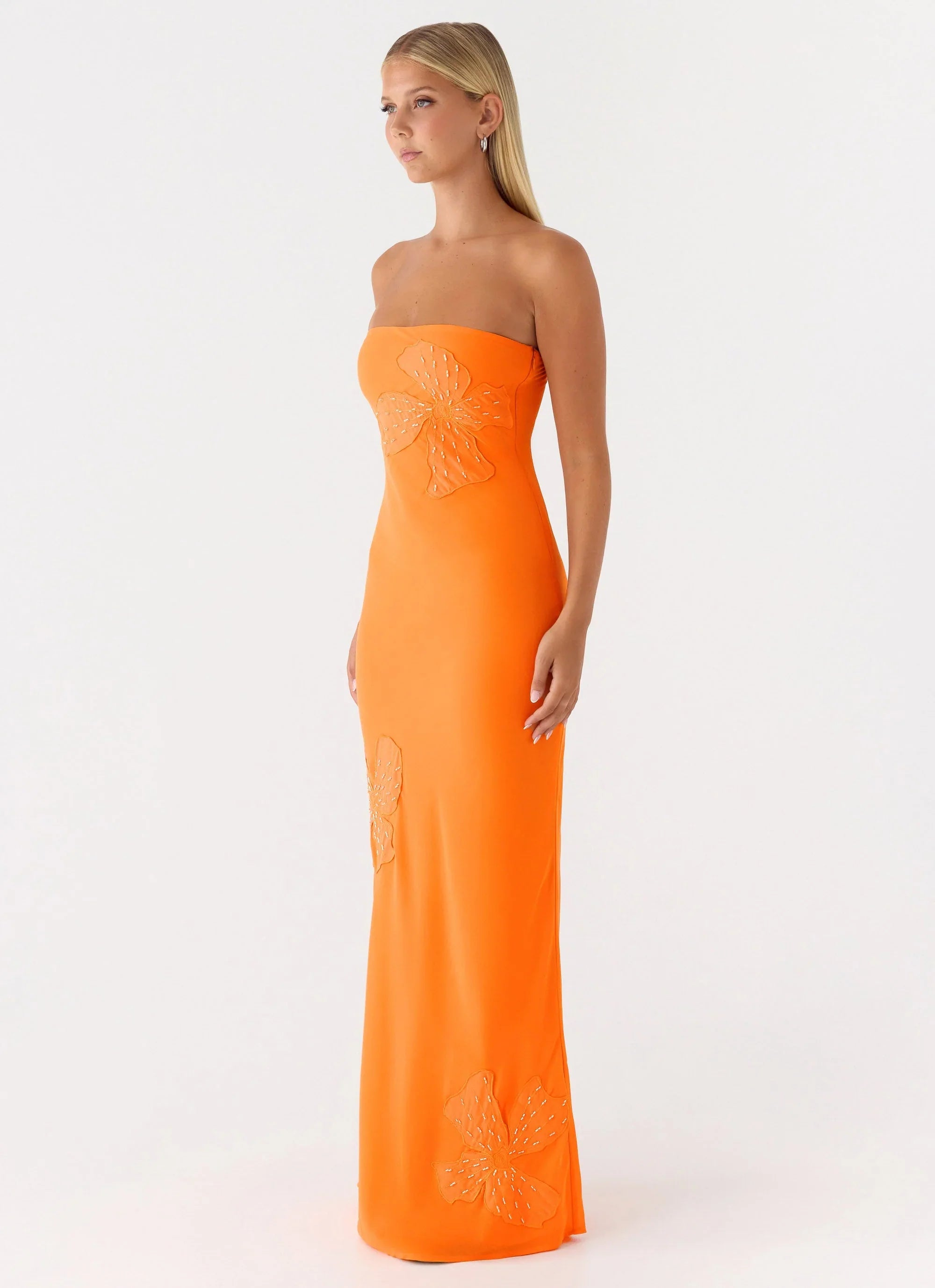 Sassafras Beaded Flower Strapless Maxi Dress Orange