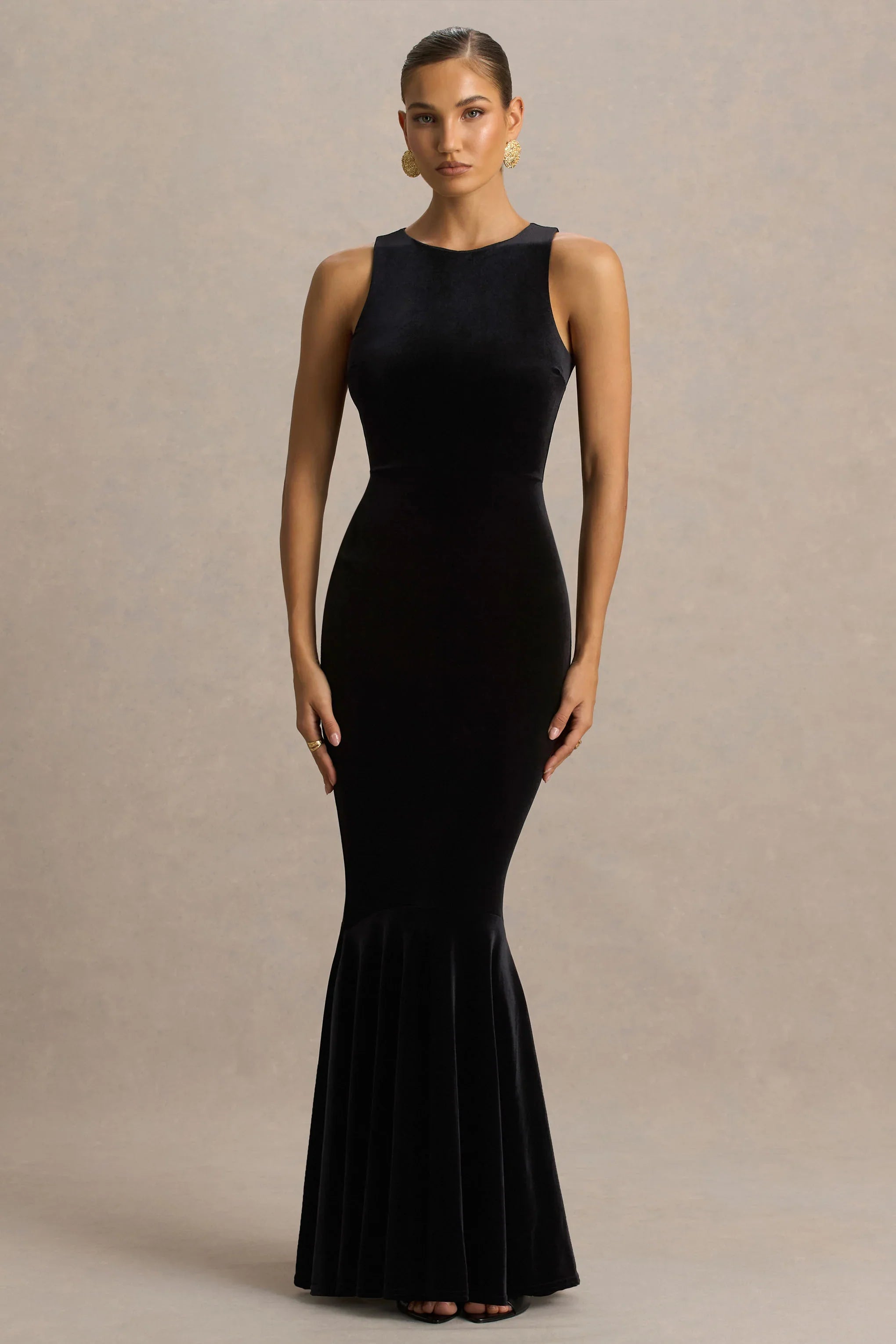 Pippa Black Velvet Crew Neck Mermaid Maxi Dress