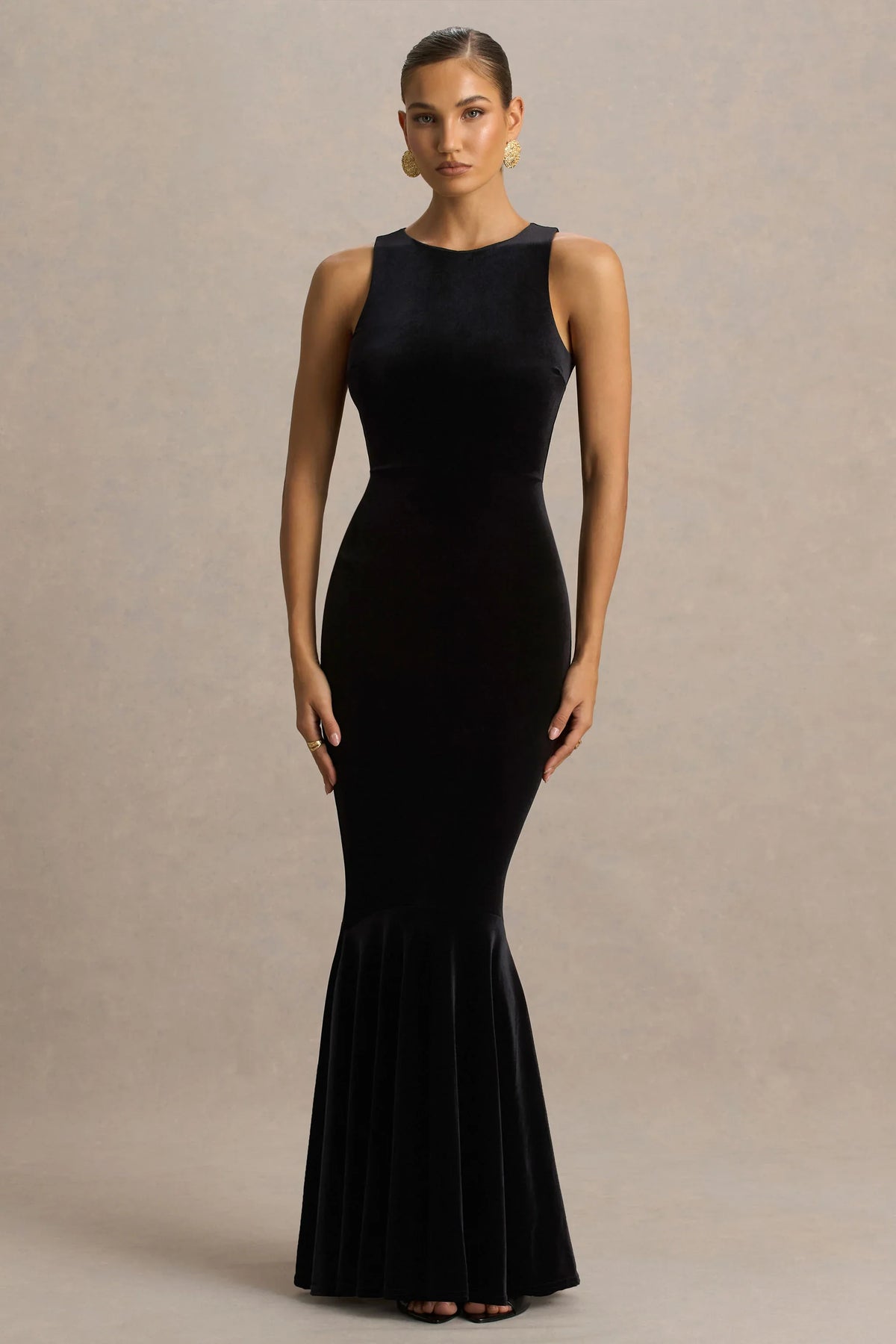 Pippa Black Velvet Crew Neck Mermaid Maxi Dress