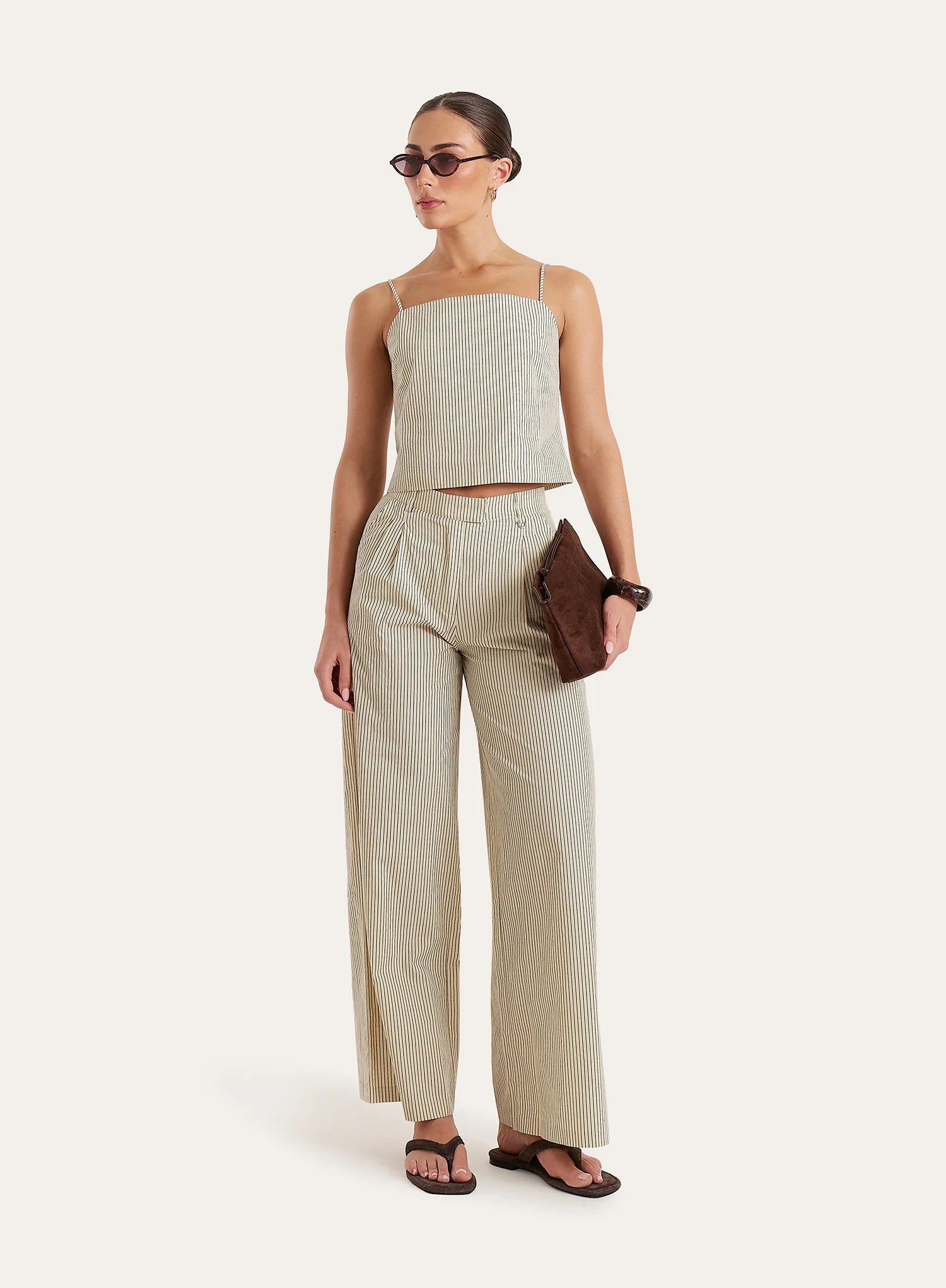 Beige Striped Wide Leg Tailored Trousers