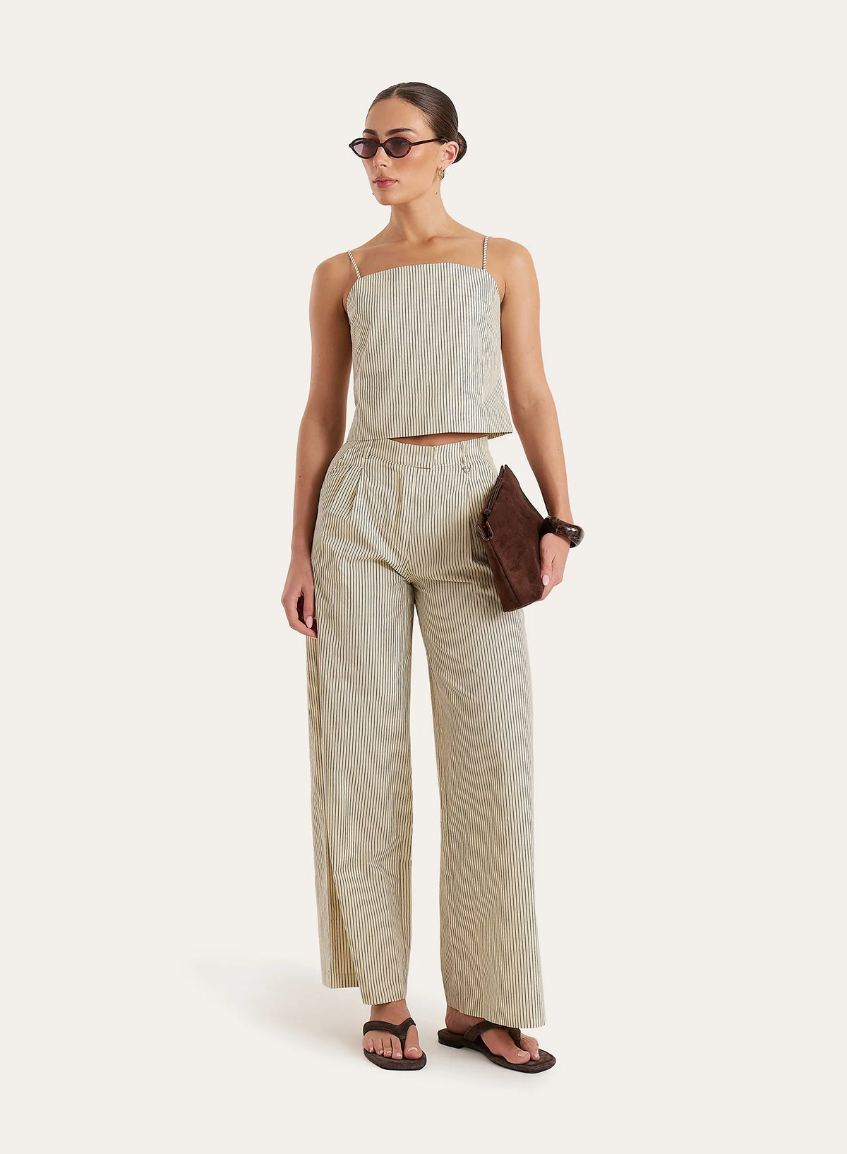 Beige Striped Wide Leg Tailored Trousers