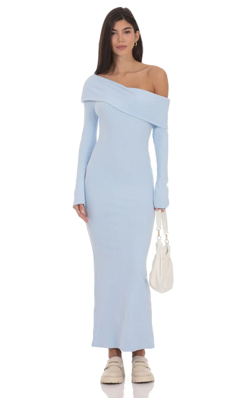 Ribbed Off Shoulder Maxi Dress in Light Blue