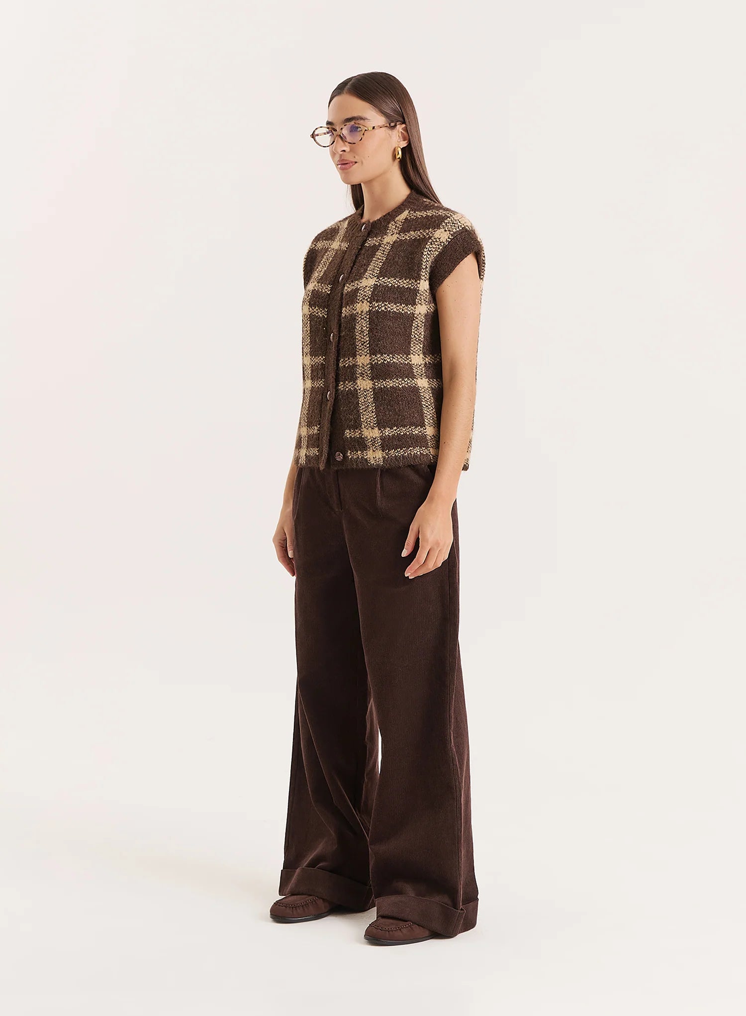 Brown Check Knitted Button Sweater Vest