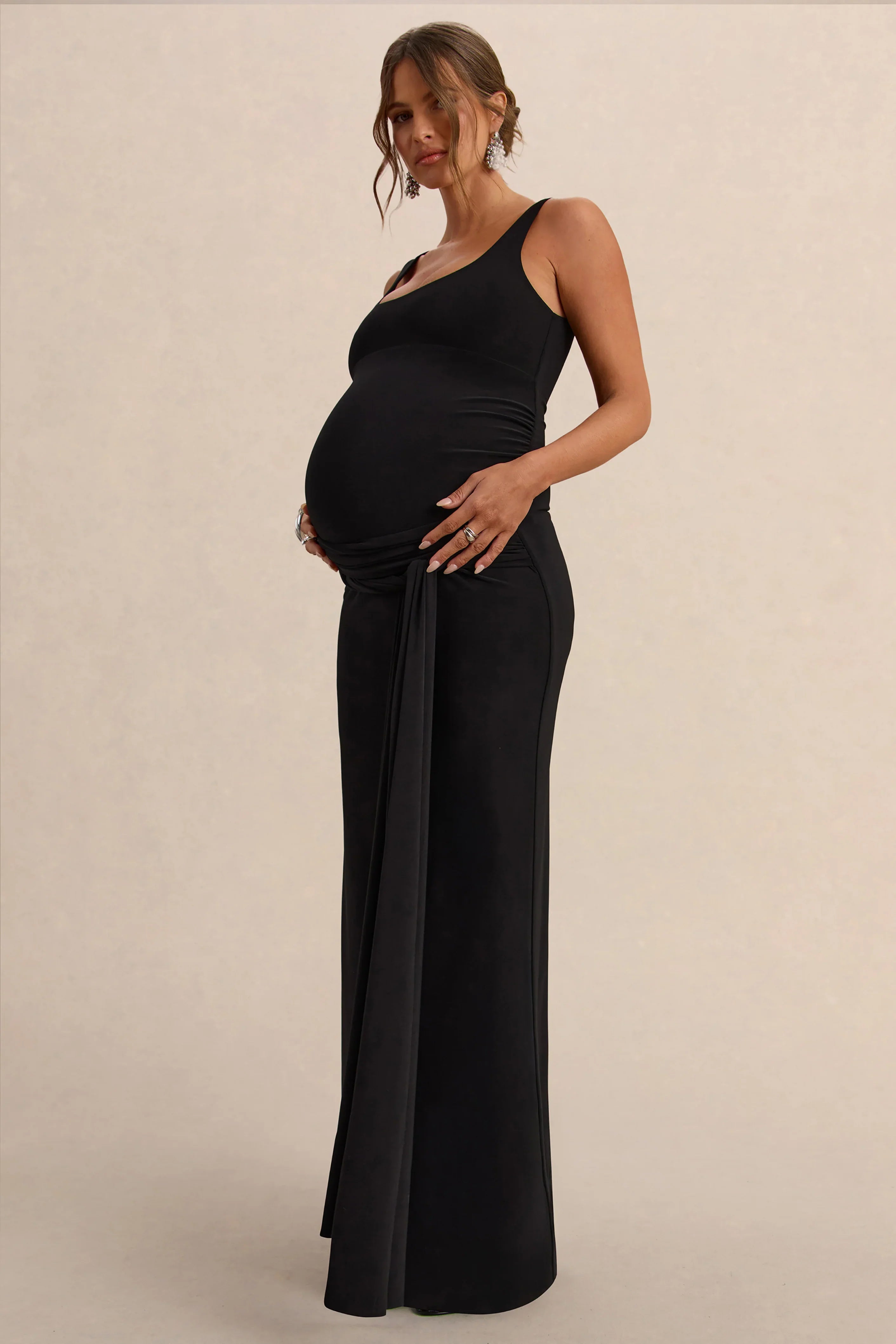 Felise Black Scoop Neck Maternity Maxi Dress With Gathered Detailing