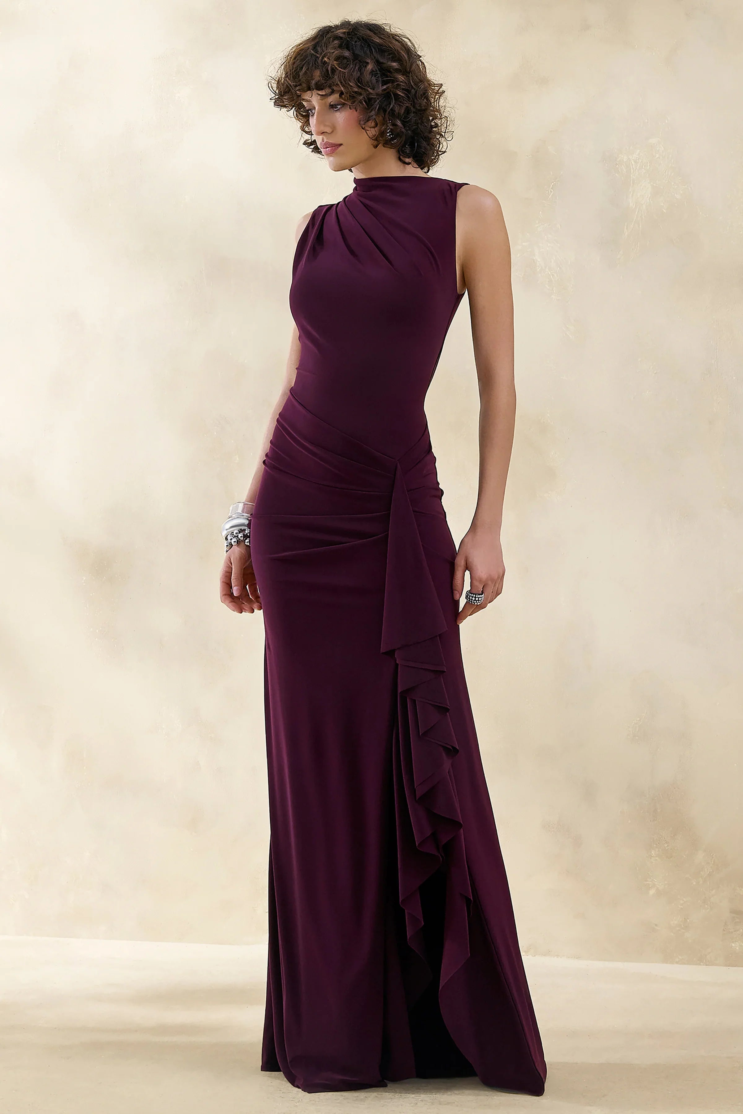 Helessia Dark Plum Asymmetric Neck Maxi Dress With Gathered Detailing And Sash