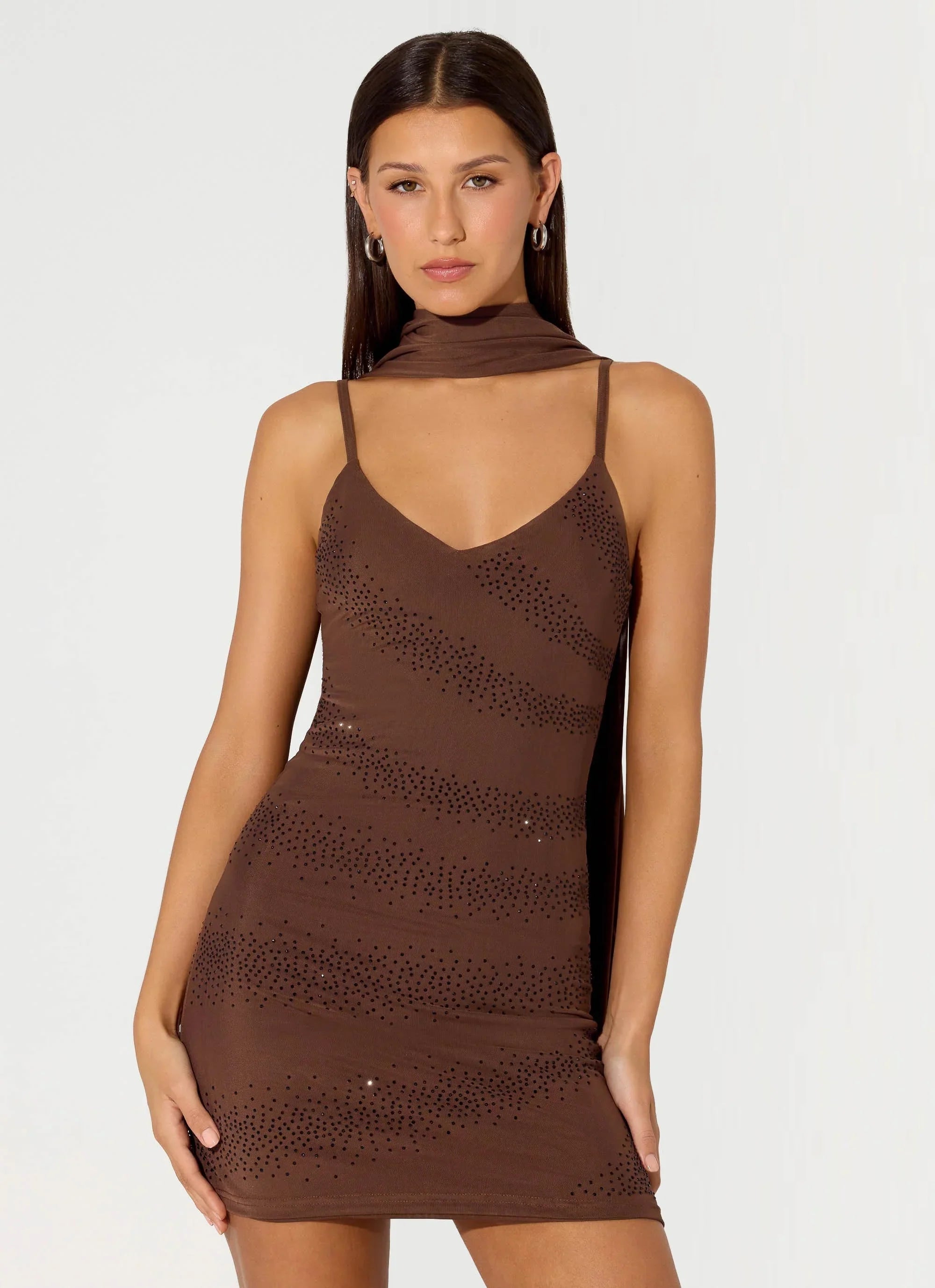 Paloma Days Beaded Scarf Mini Dress Chocolate