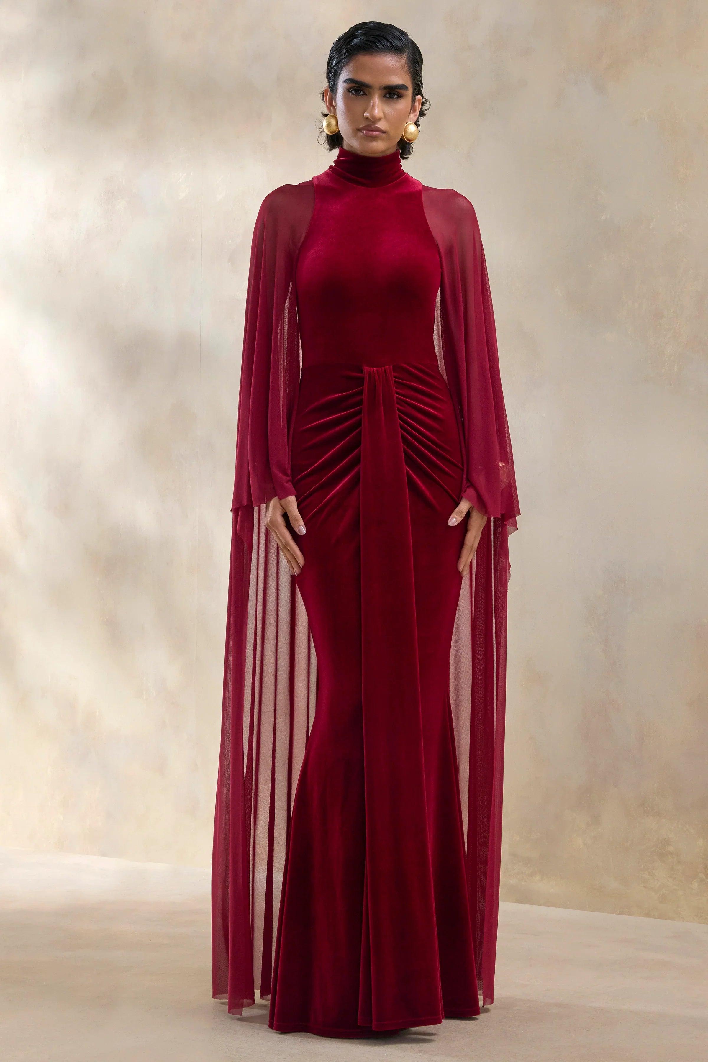 Adoring Burgundy Velvet High Neck Maxi Dress With Cape