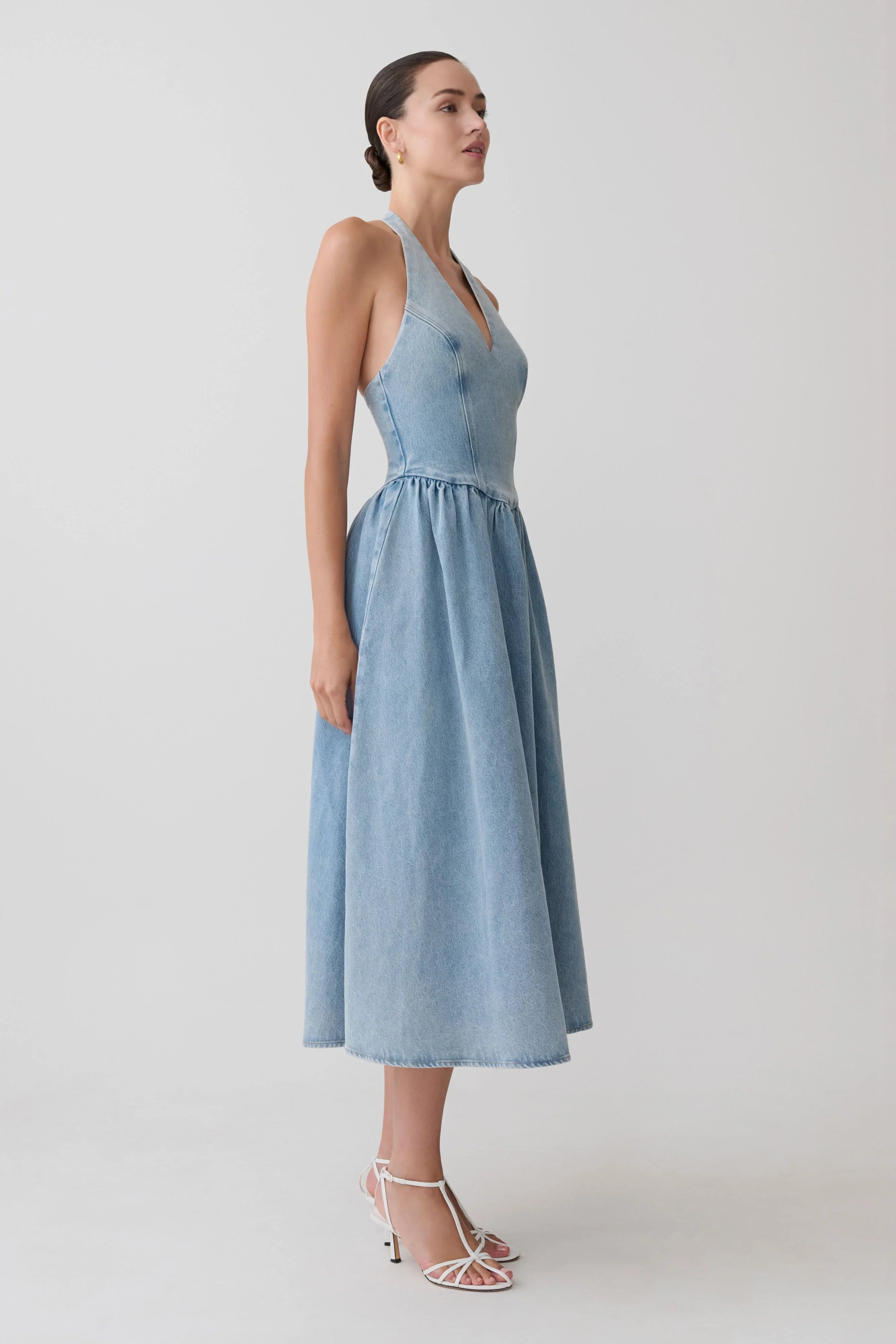 Miller Denim Halter Midi Dress Classic Blue