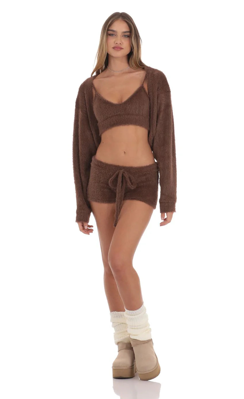 Open Fuzzy Cardigan in Brown