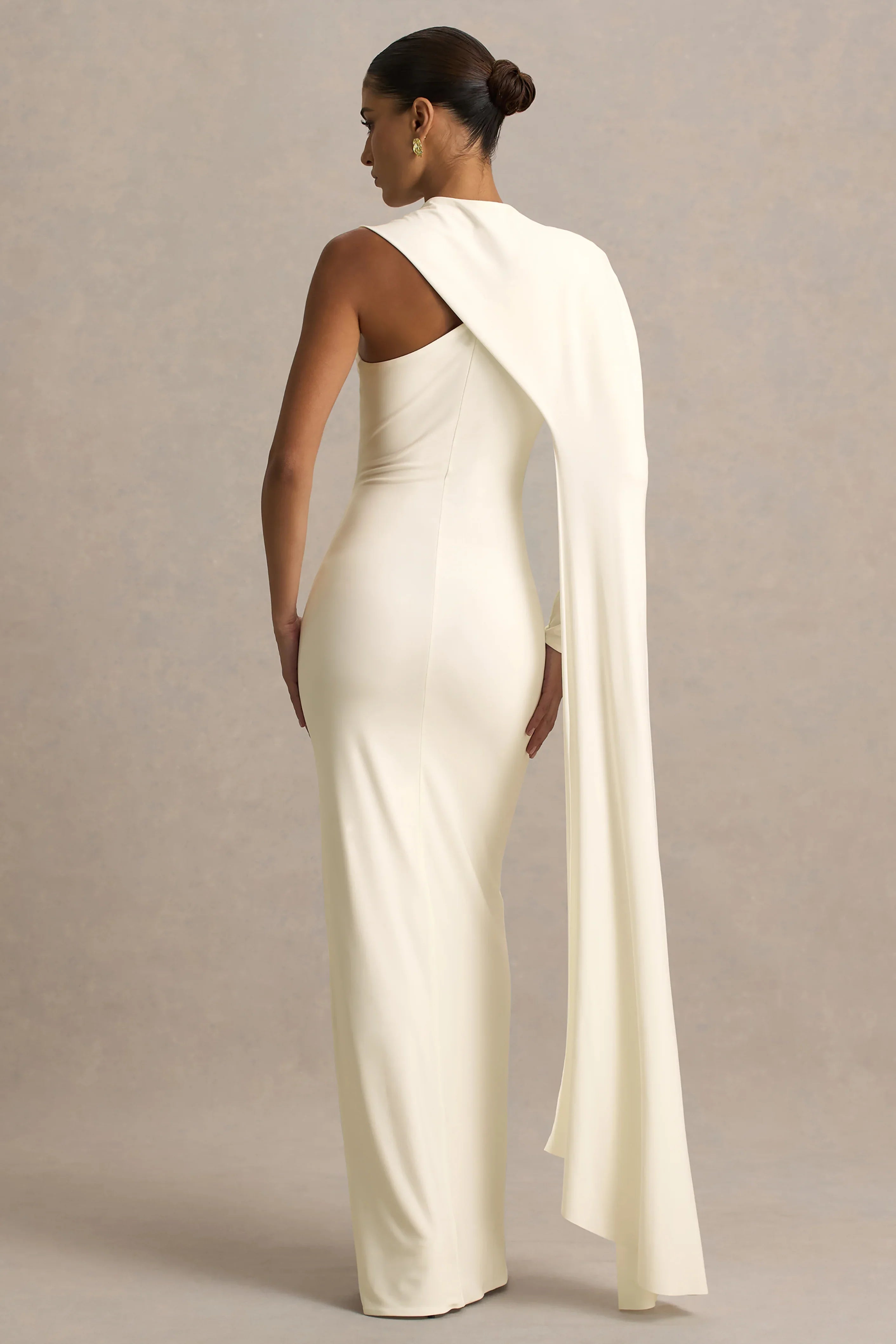 Dawn Cream High Neck Maxi Dress With One Long Cape Sleeve