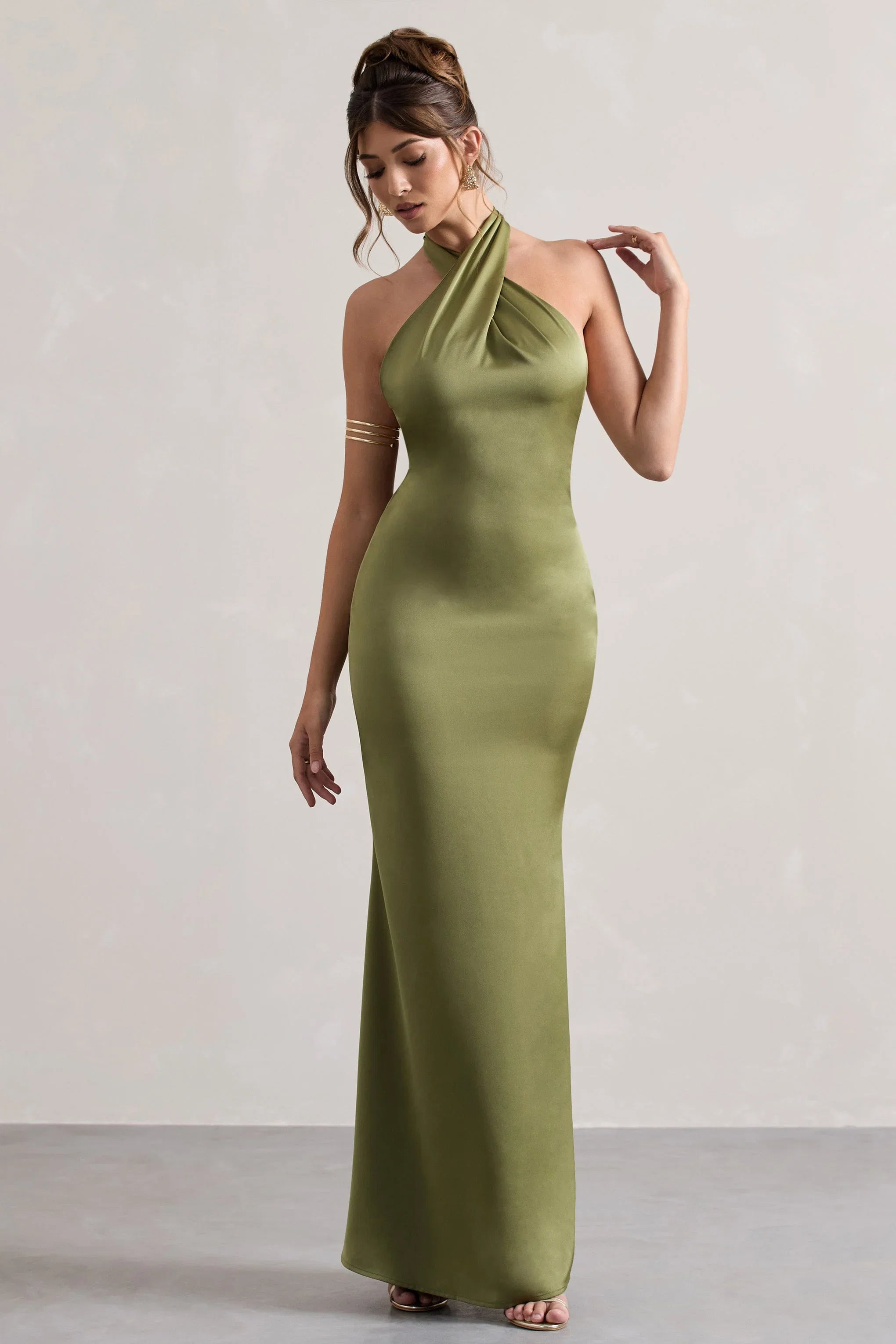 Unbeatable Olive Satin Cross Over Halter Neck Maxi Dress