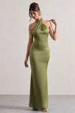 Unbeatable Olive Satin Cross Over Halter Neck Maxi Dress