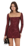 Sequin Long Sleeve Dress in Maroon