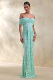 Aries Mint Lace Bardot Neck Maxi Dress With Gathered Detailing