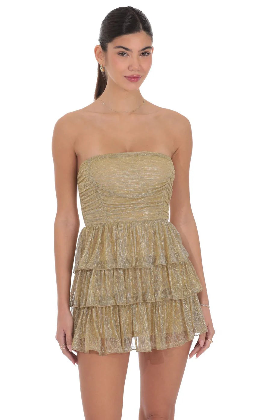 Shimmer Pleated Ruffle Dress in Gold