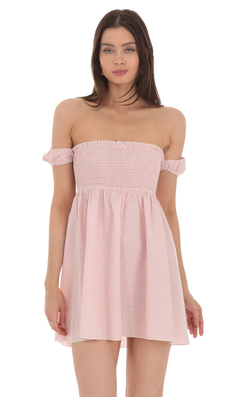 Striped Smocked Off Shoulder Dress in Pink