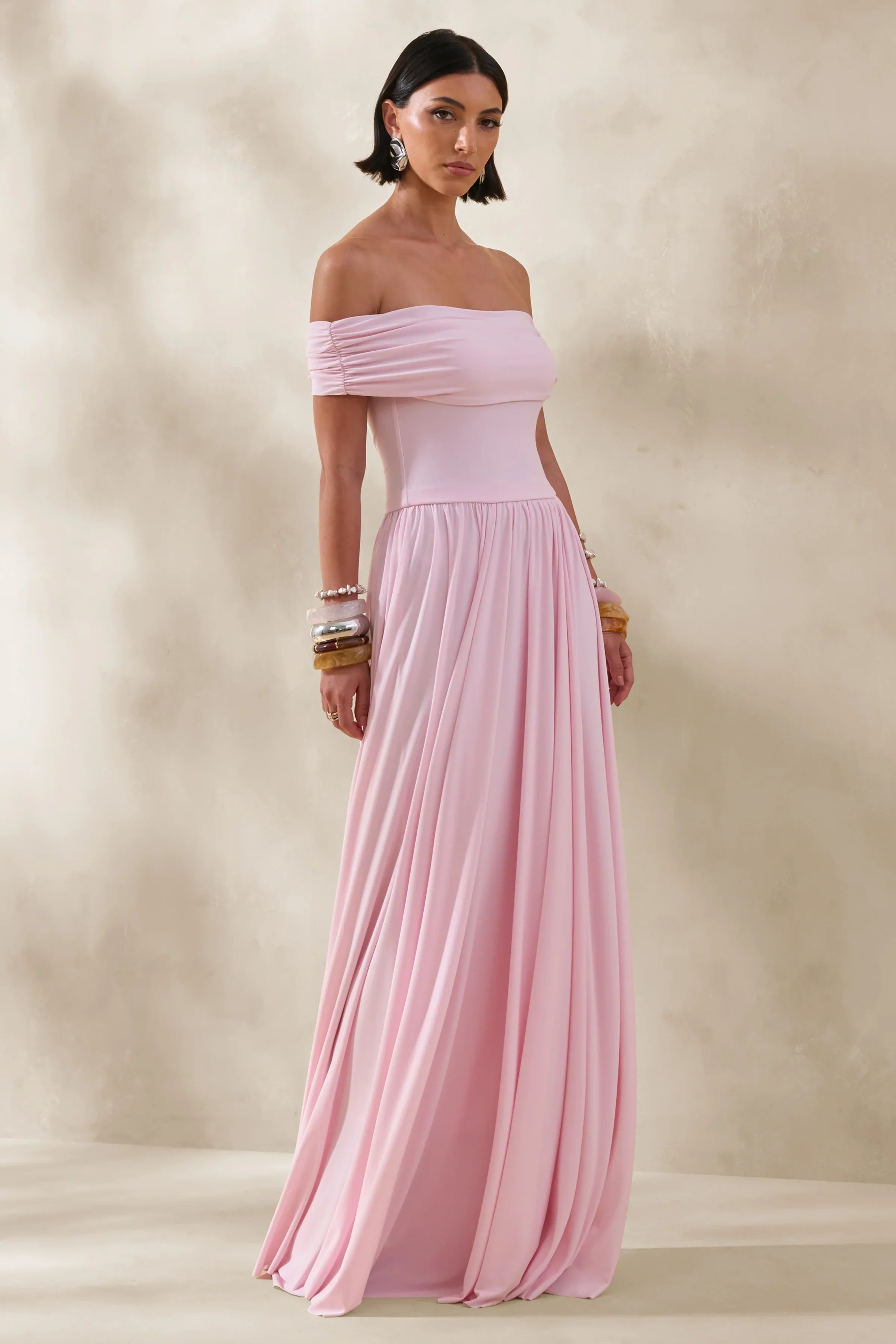 Cindie Pink Bardot Neck Maxi Dress