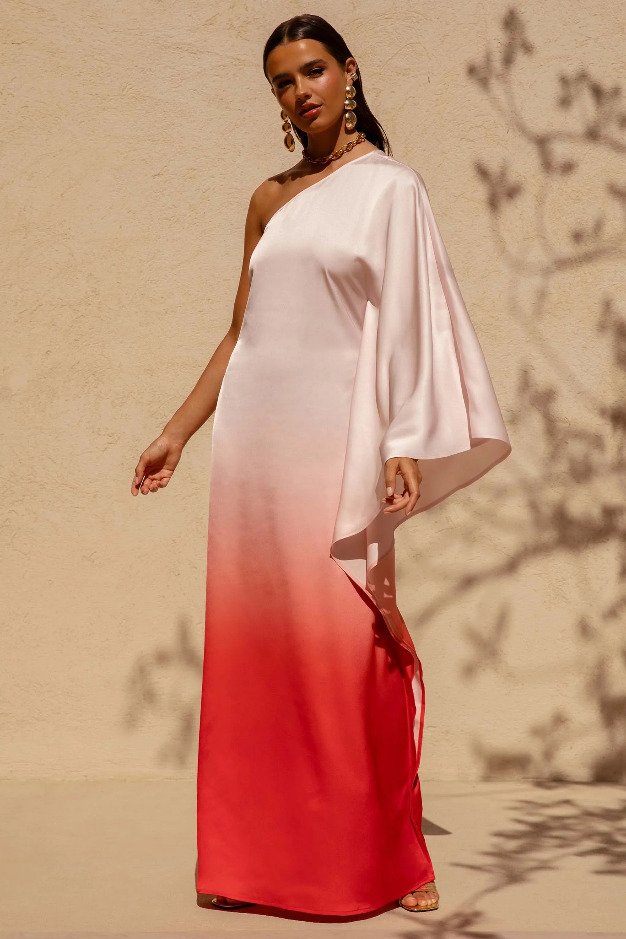 Jayla Red Ombre Satin Asymmetric Maxi Dress With Long Sleeve