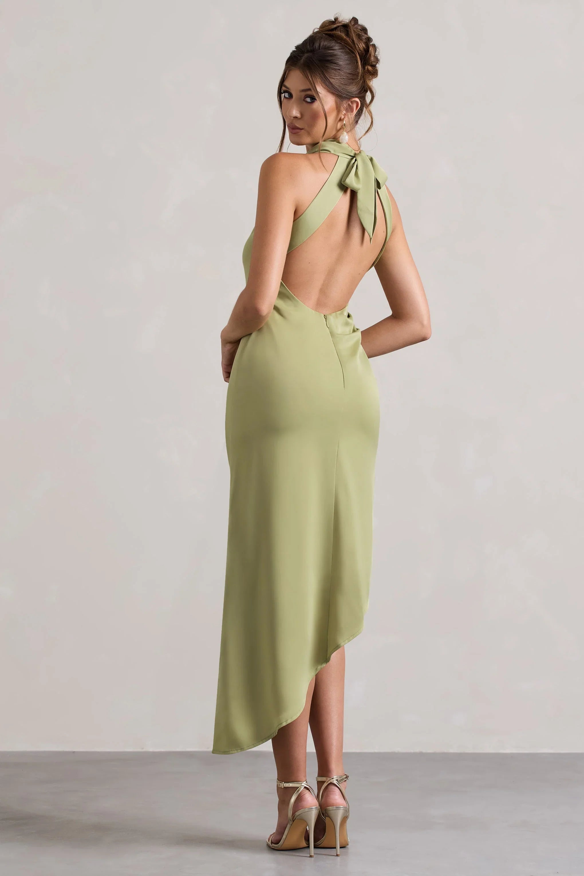 Sophina Light Olive Satin Cowl Neck Asymmetric Midi Dress