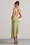 Sophina Light Olive Satin Cowl Neck Asymmetric Midi Dress