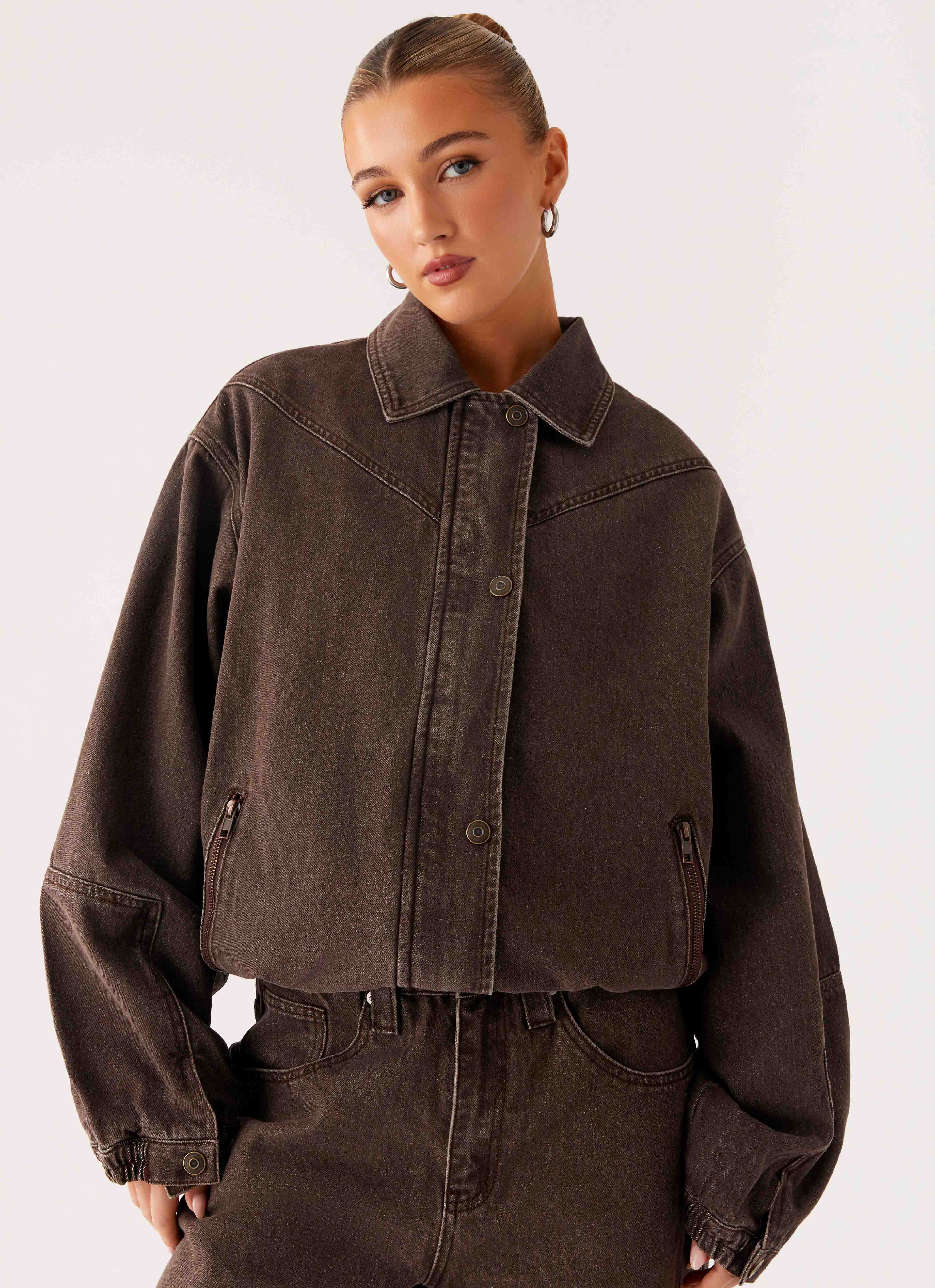 Midwest Washed Denim Bomber Jacket Light Wash Chocolate