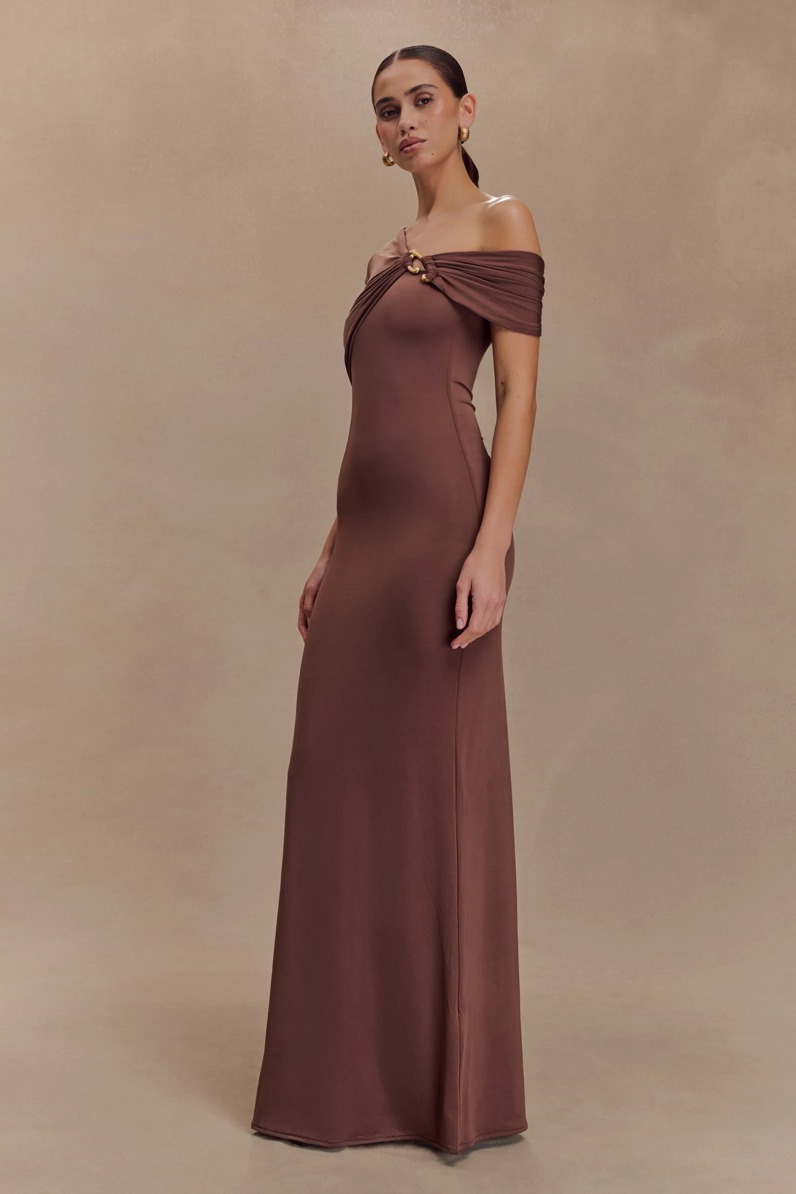Ashford Asymmetrical Slinky Maxi Dress Chocolate