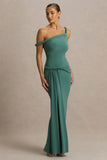 Tulisa Green Asymmetric Neck Maxi Dress With Twist Sleeves And Ruched Detailing