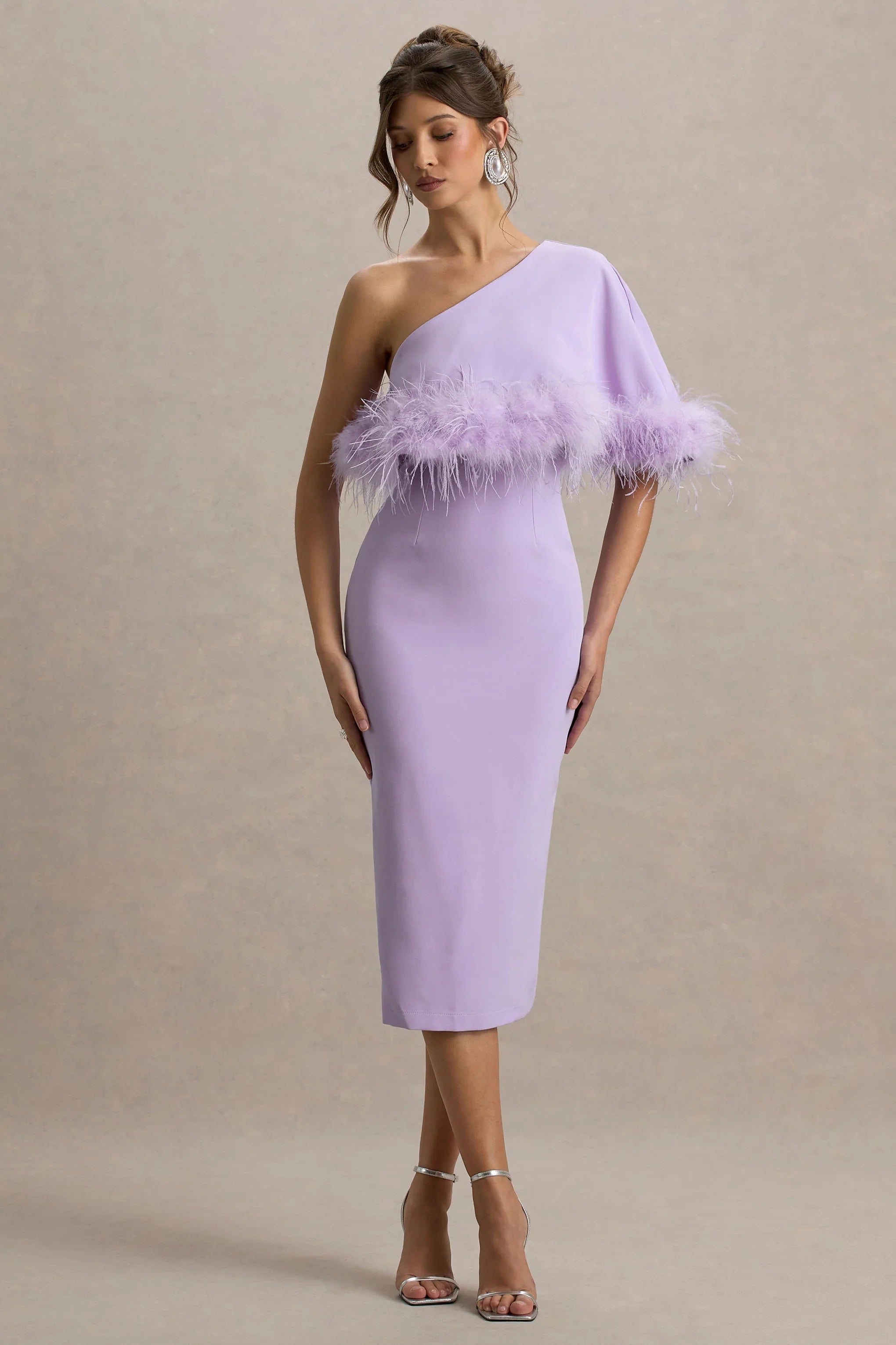 Victory Lilac One Shoulder Midi Dress With Feather Trim