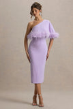 Victory Lilac One Shoulder Midi Dress With Feather Trim