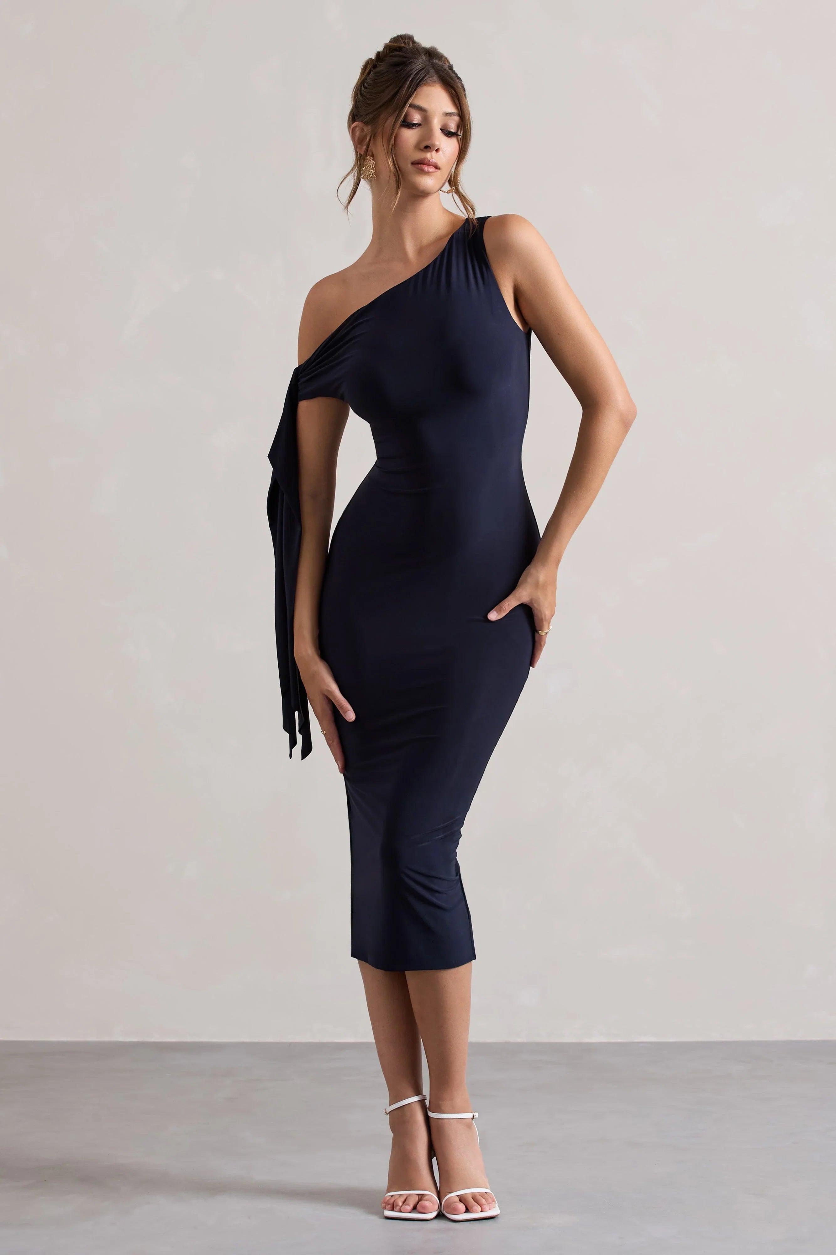 Adapt Navy Asymmetric Midi Dress With Tie Sleeve