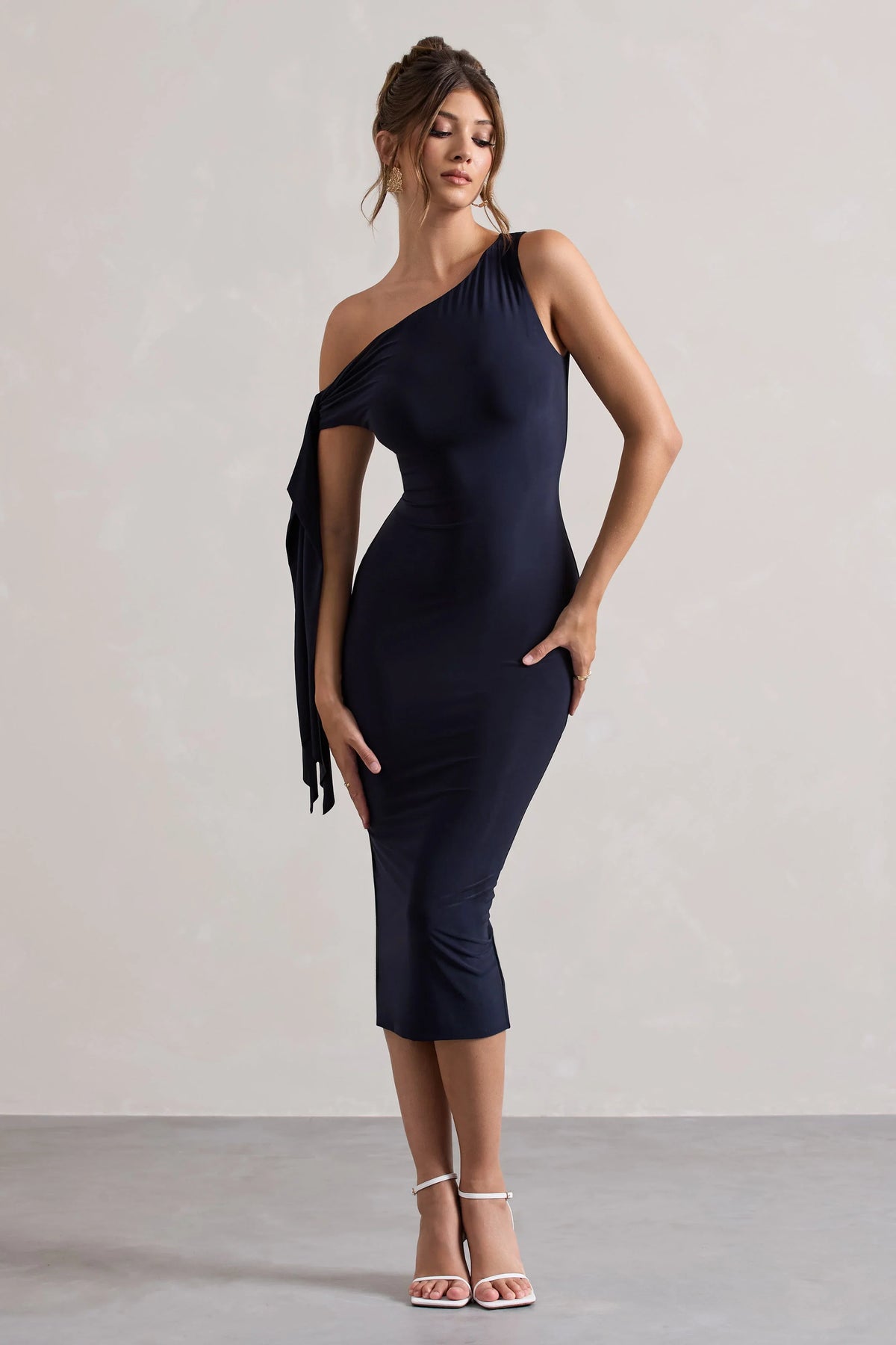 Adapt Navy Asymmetric Midi Dress With Tie Sleeve