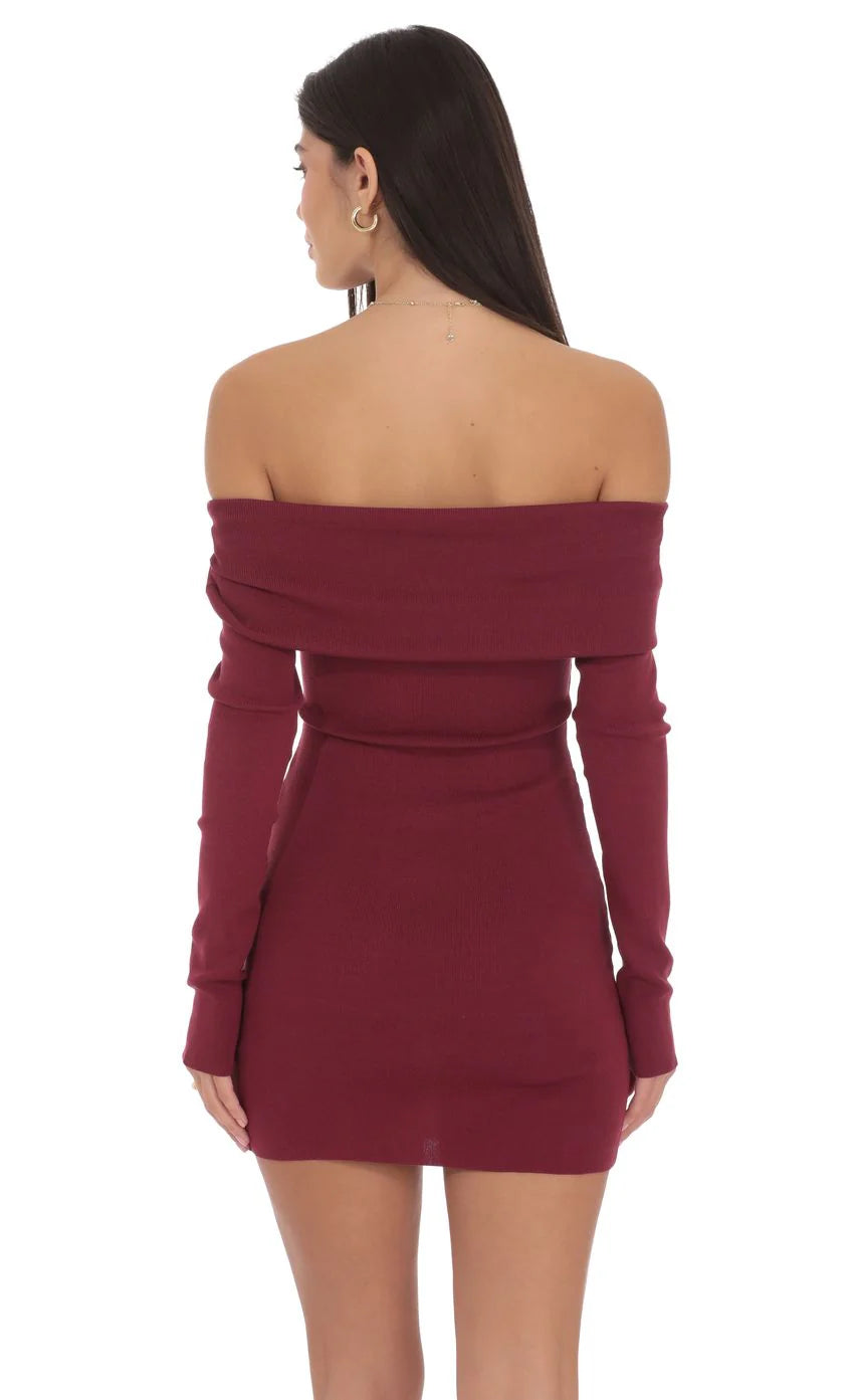Ribbed Twist Off Shoulder Dress in Plum