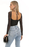 Glitter Mesh Long Sleeve Bodysuit in Black