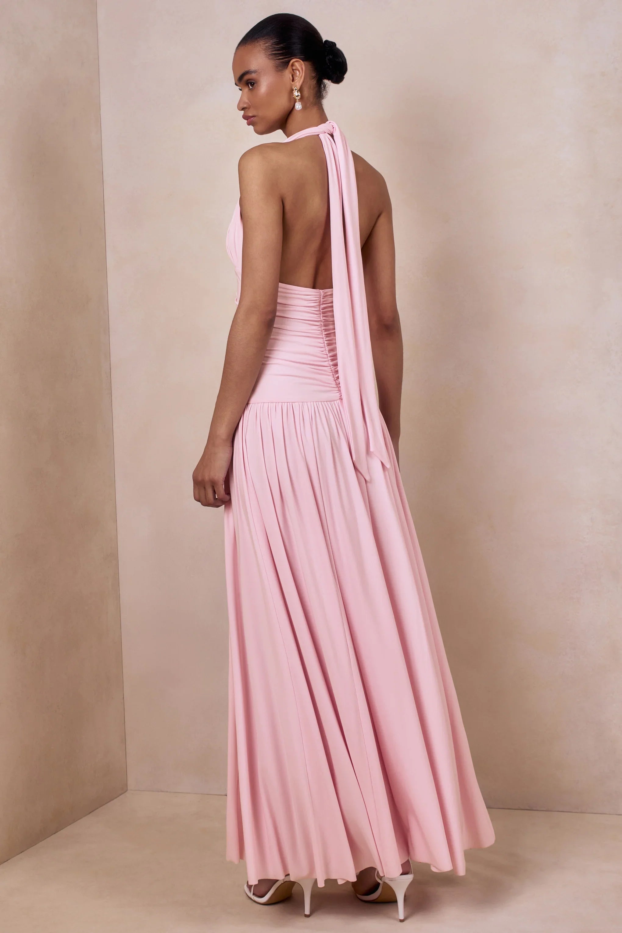 Bettina Pink Plunge Neck Maxi Dress With Gathered Detailing