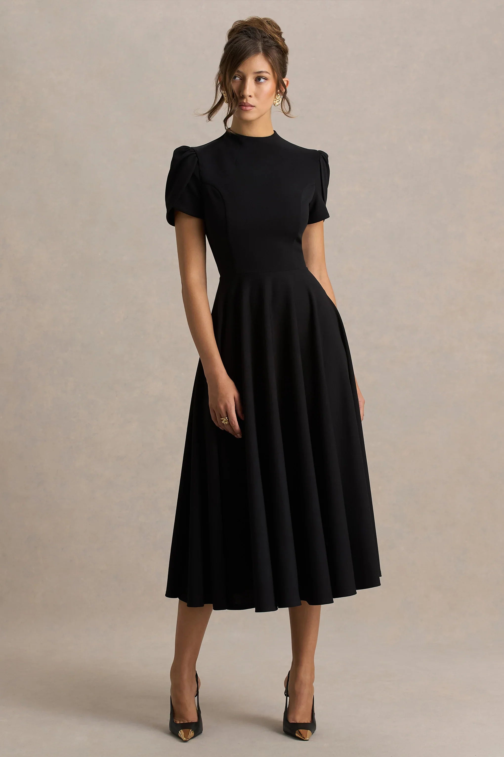 Vicky Black High Neck Midi Dress With Puff Sleeves