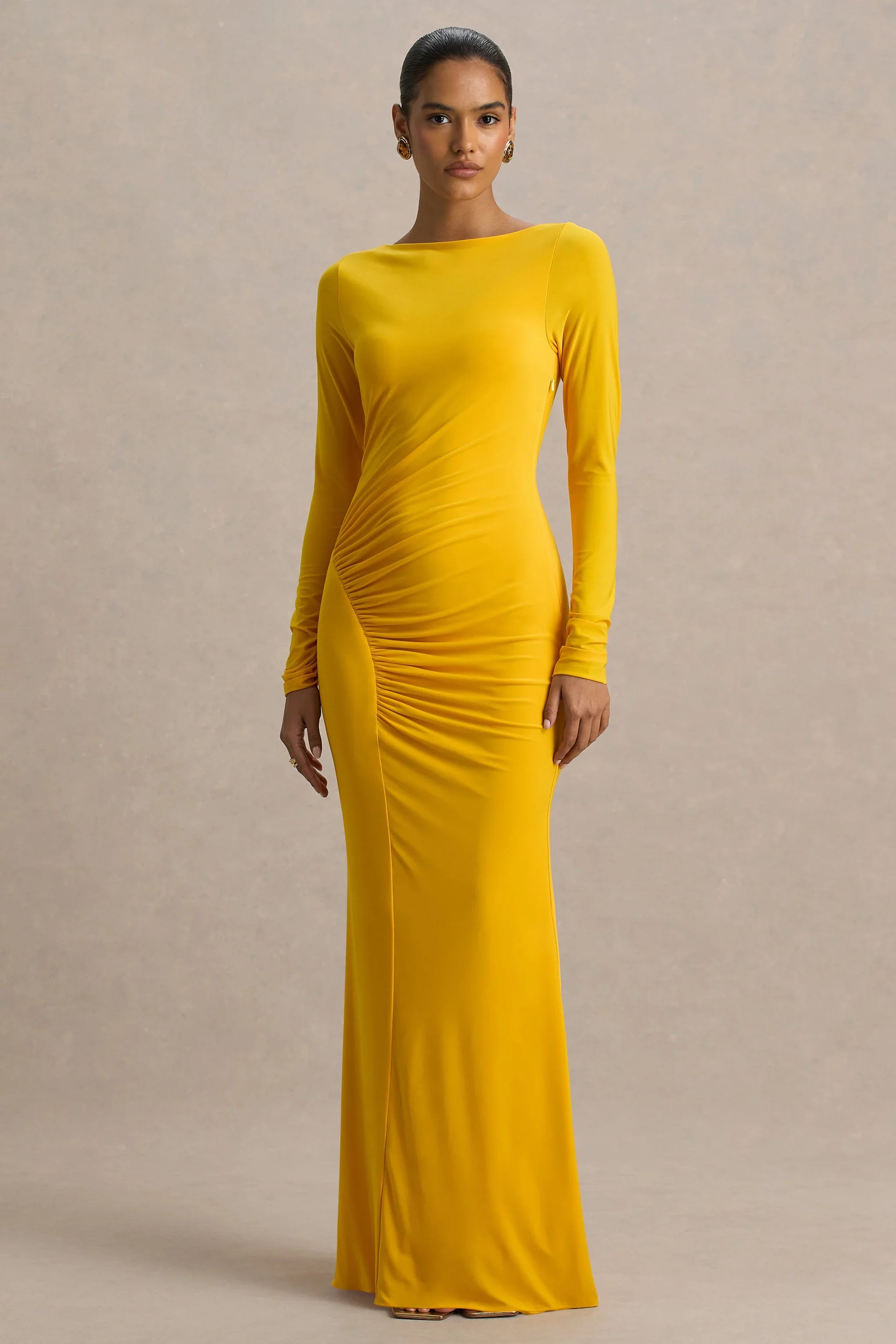 Diva Yellow Slashed Neck Maxi Dress With Ruched Detailing