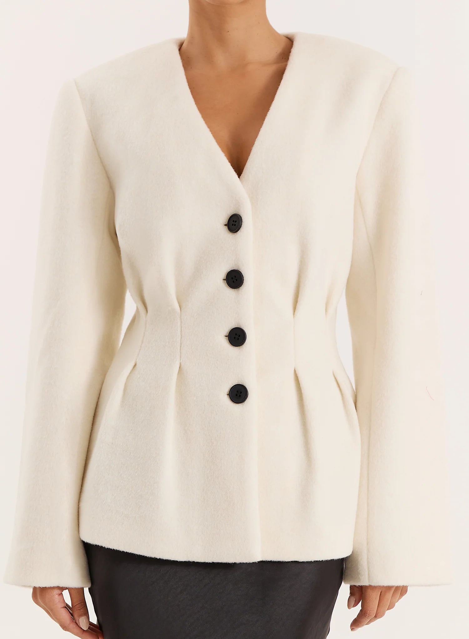 Cream Tailored Cinched Waist Wool Blend Blazer
