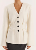 Cream Tailored Cinched Waist Wool Blend Blazer