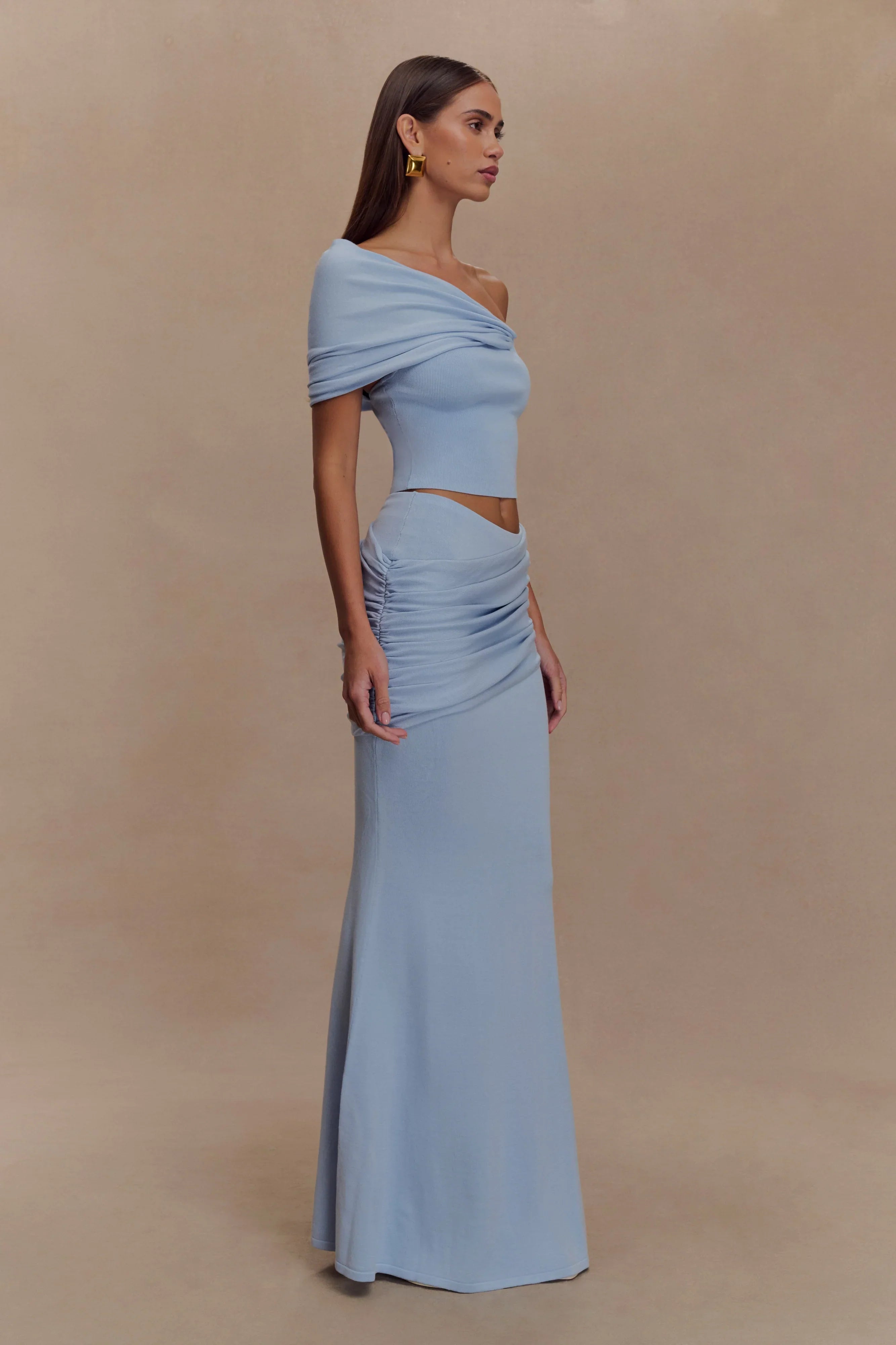 Irene Gathered Knit Maxi Skirt Blue