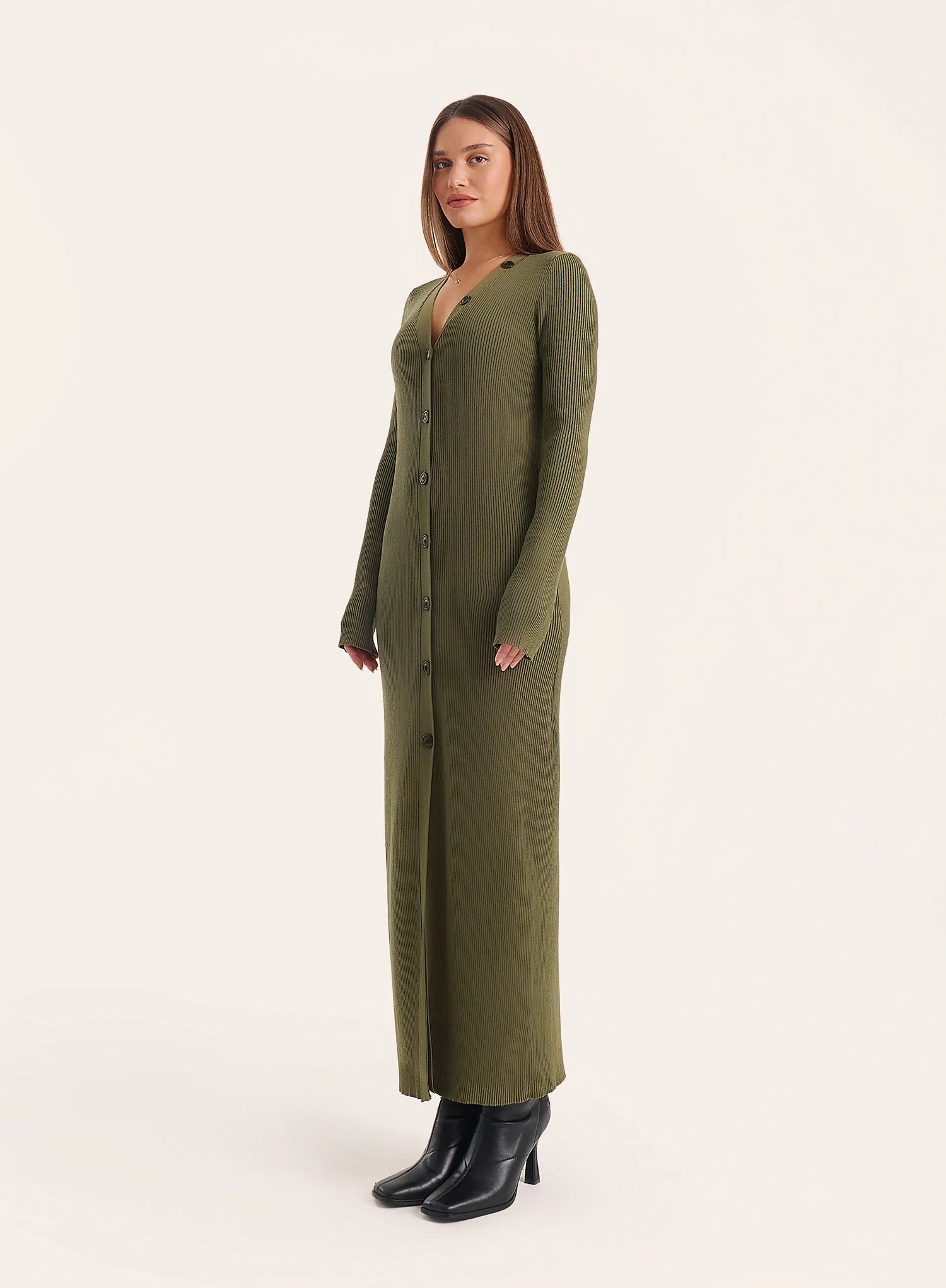 Olive V Neck Knitted Maxi Dress