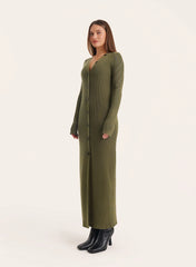 Olive V Neck Knitted Maxi Dress