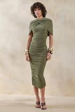 Parisia Olive Round Neck Midi Dress With Cape Detail