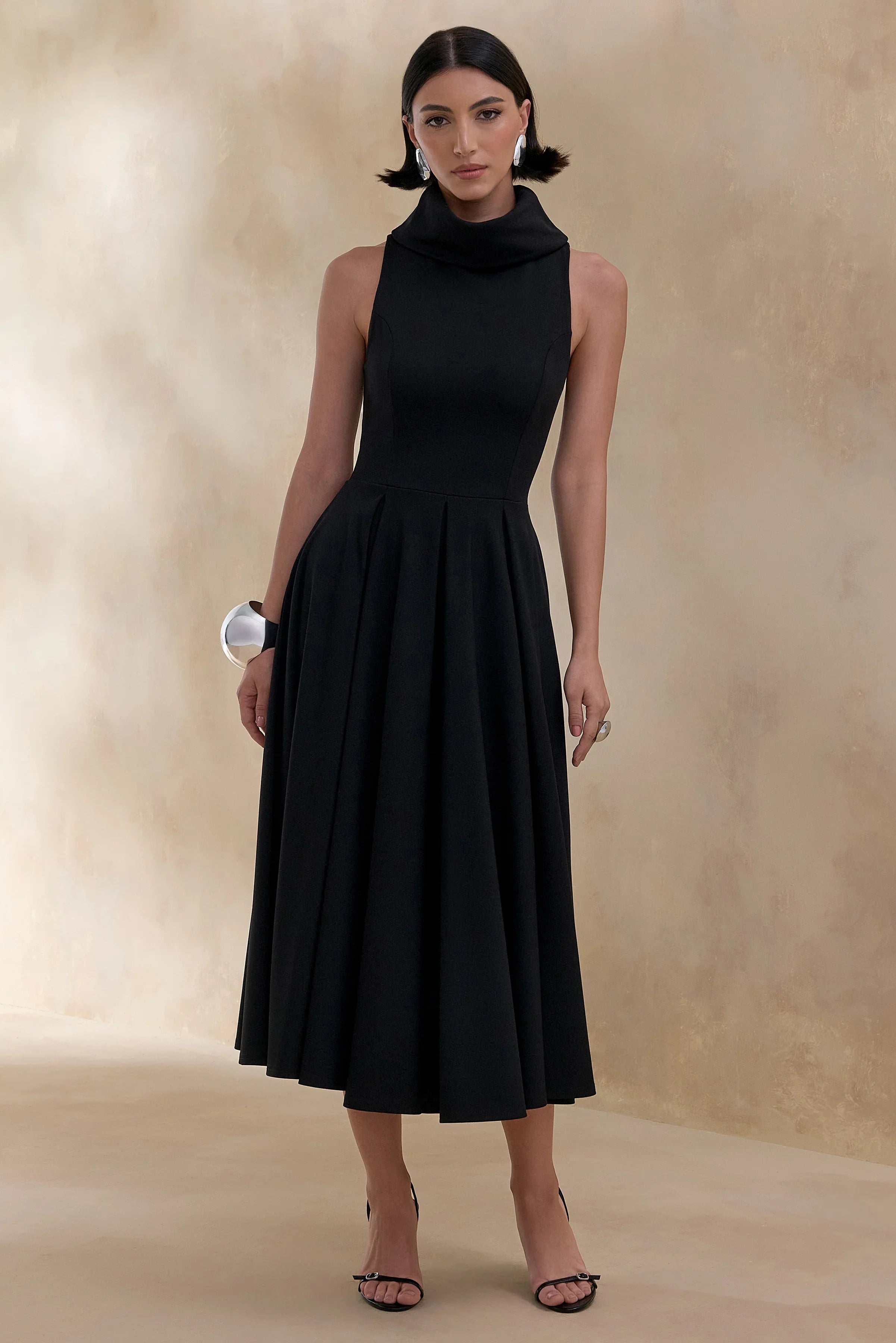 Exclusivity Black High Neck Midi Dress