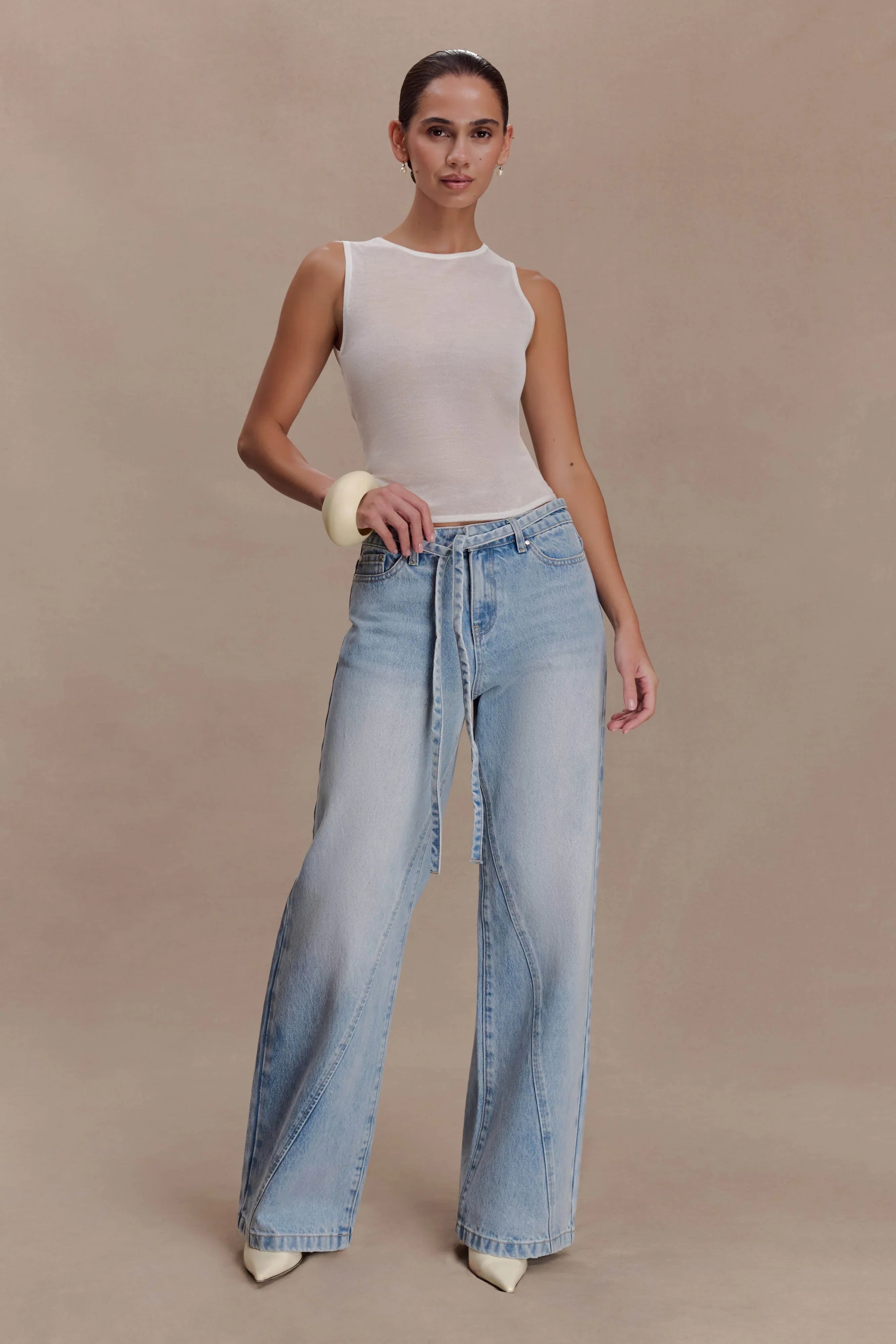 Perrie Mid Rise Straight Leg Tie Jeans Washed Light Blue